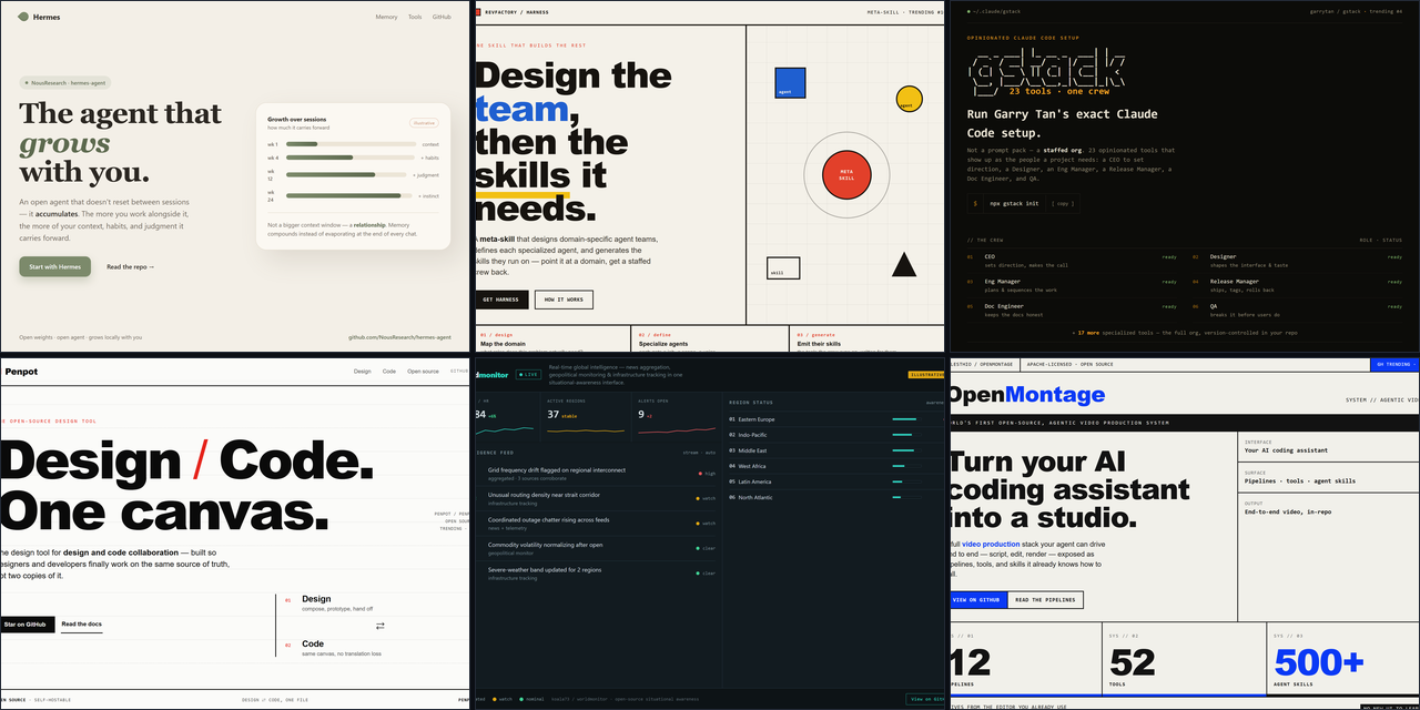GooseDesigns montage &mdash; six landing-page hero mockups for trending GitHub repositories