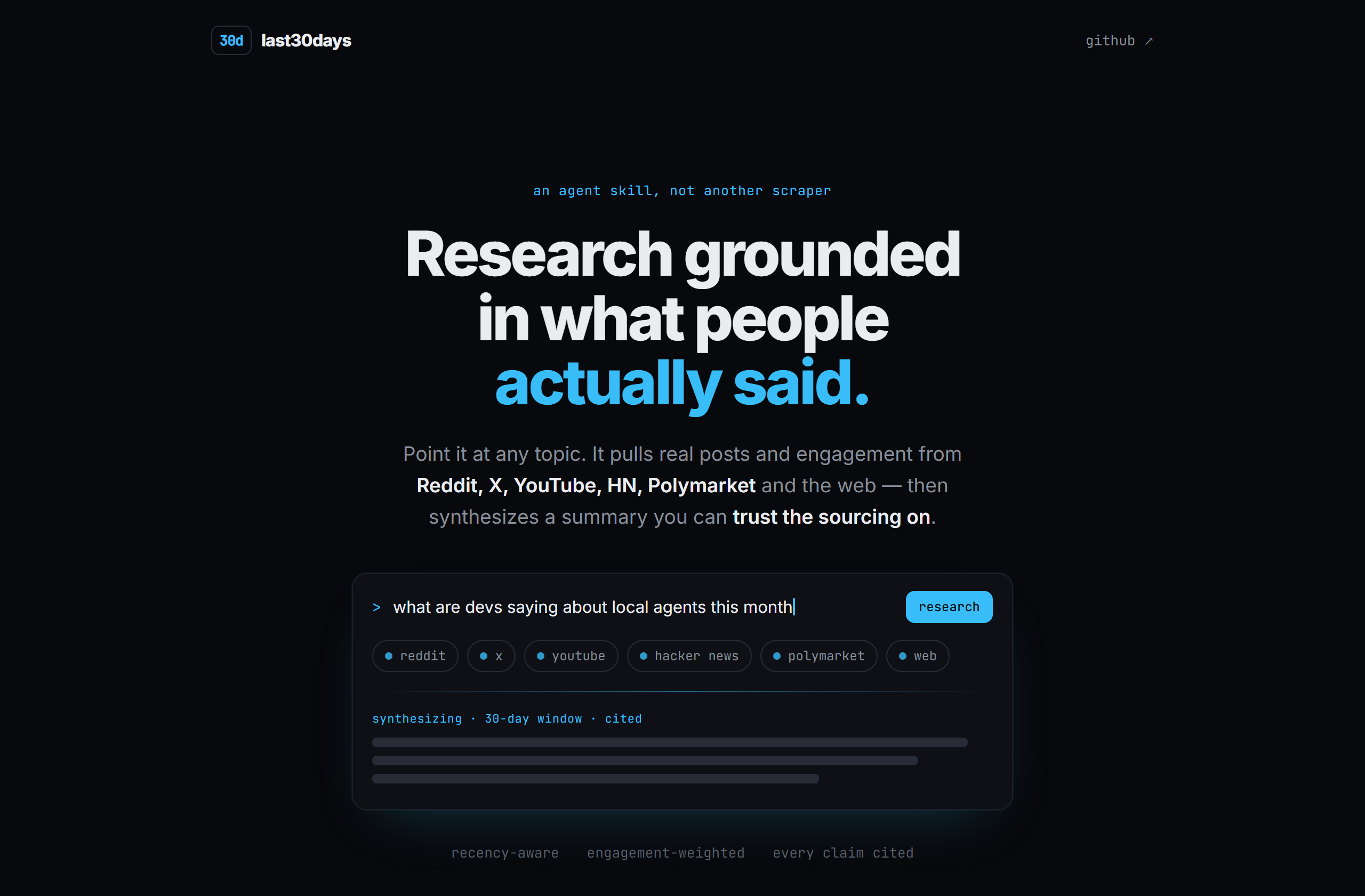 mvanhorn/last30days-skill landing-page hero mock, terminal-dark style