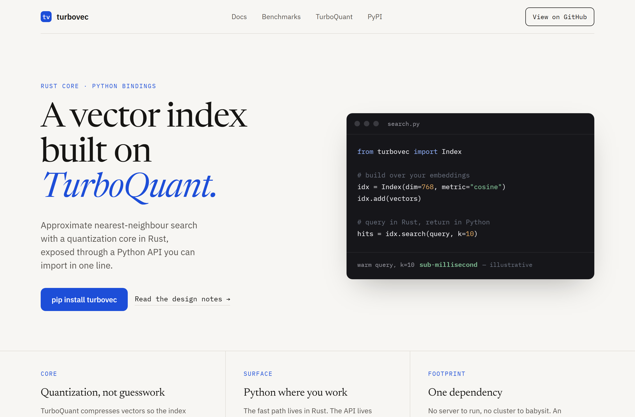 RyanCodrai/turbovec landing-page hero mock, editorial style