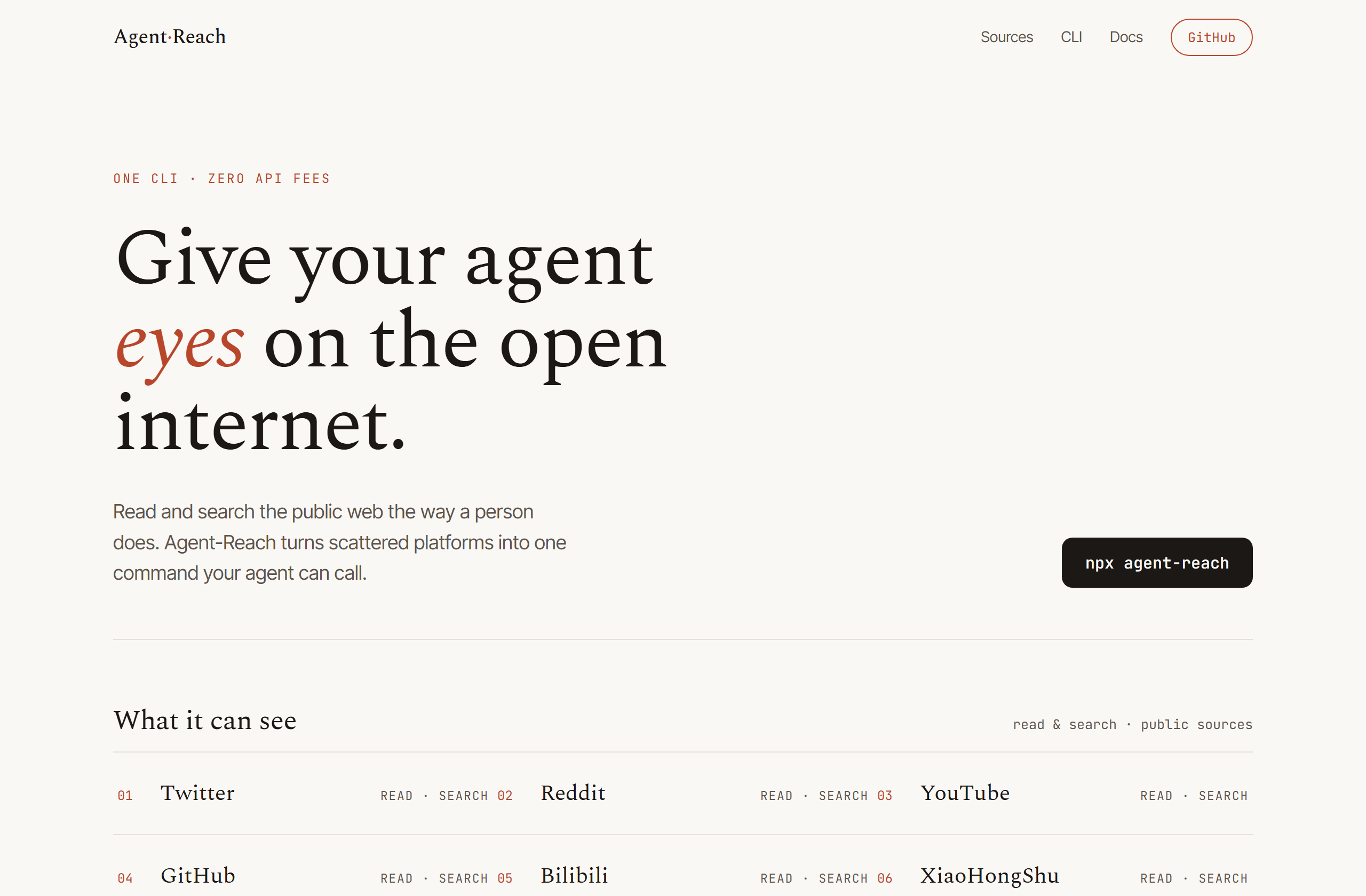 Panniantong/Agent-Reach landing-page hero mock, editorial style