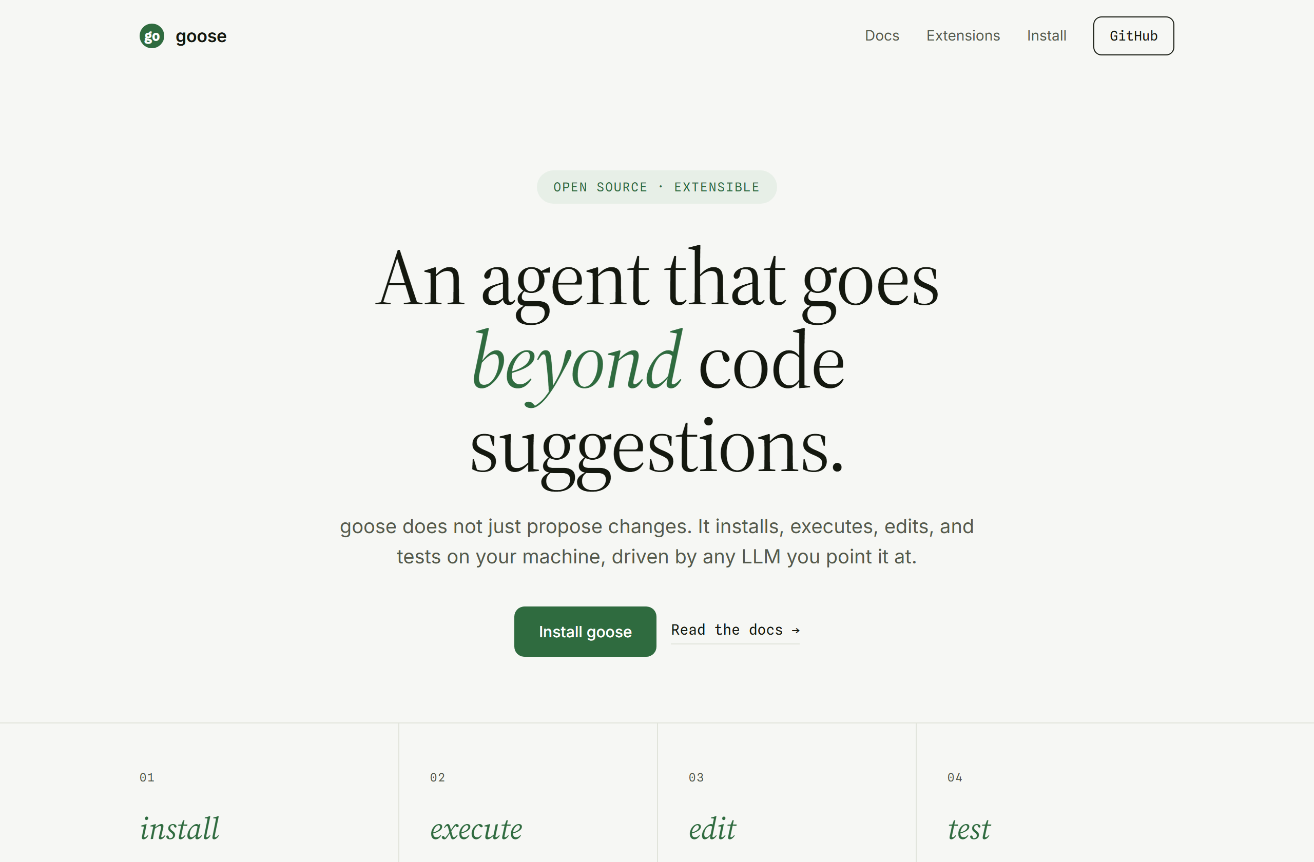 aaif-goose/goose landing-page hero mock, editorial style