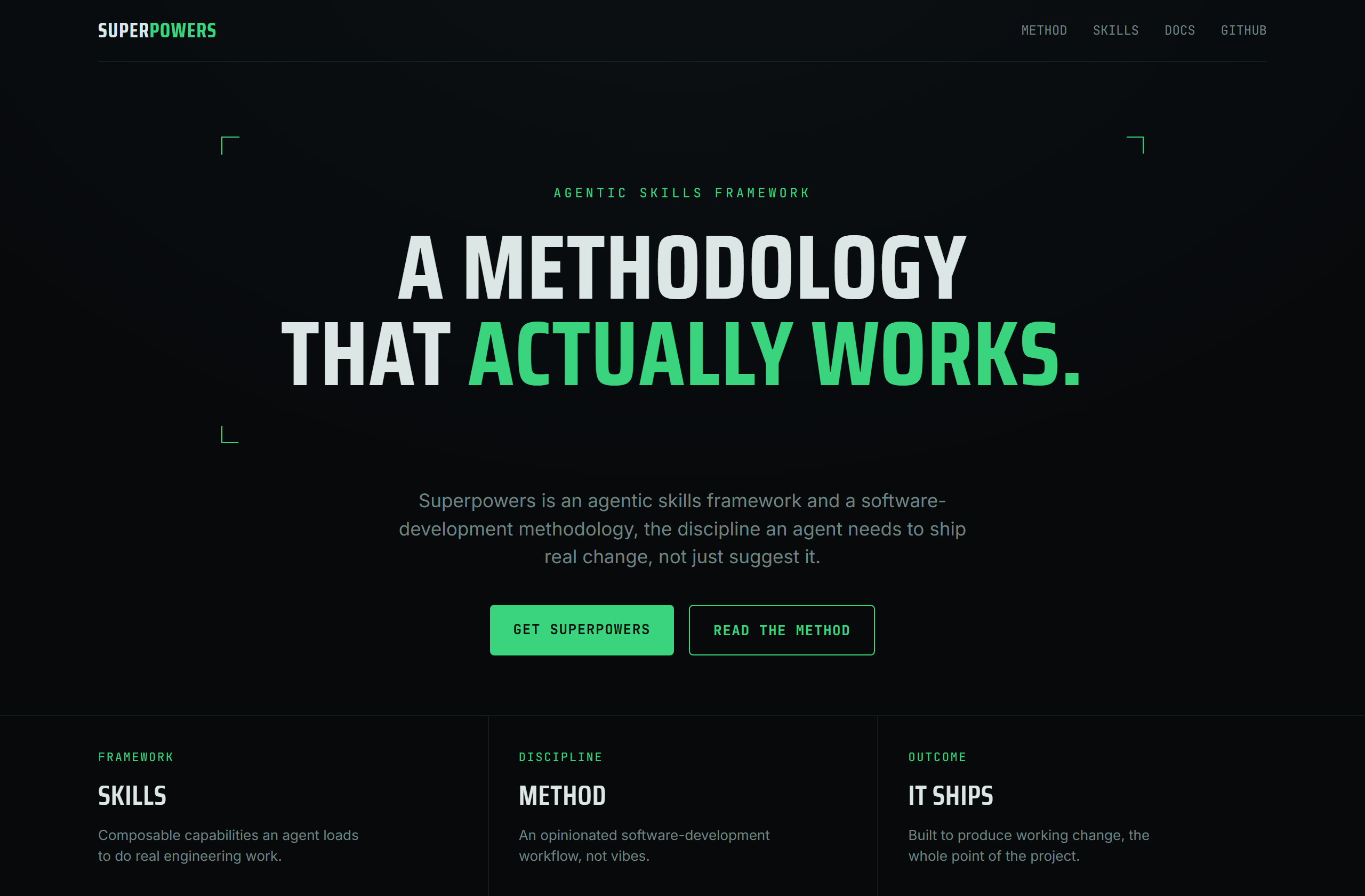 obra/superpowers landing-page hero mock, hud style