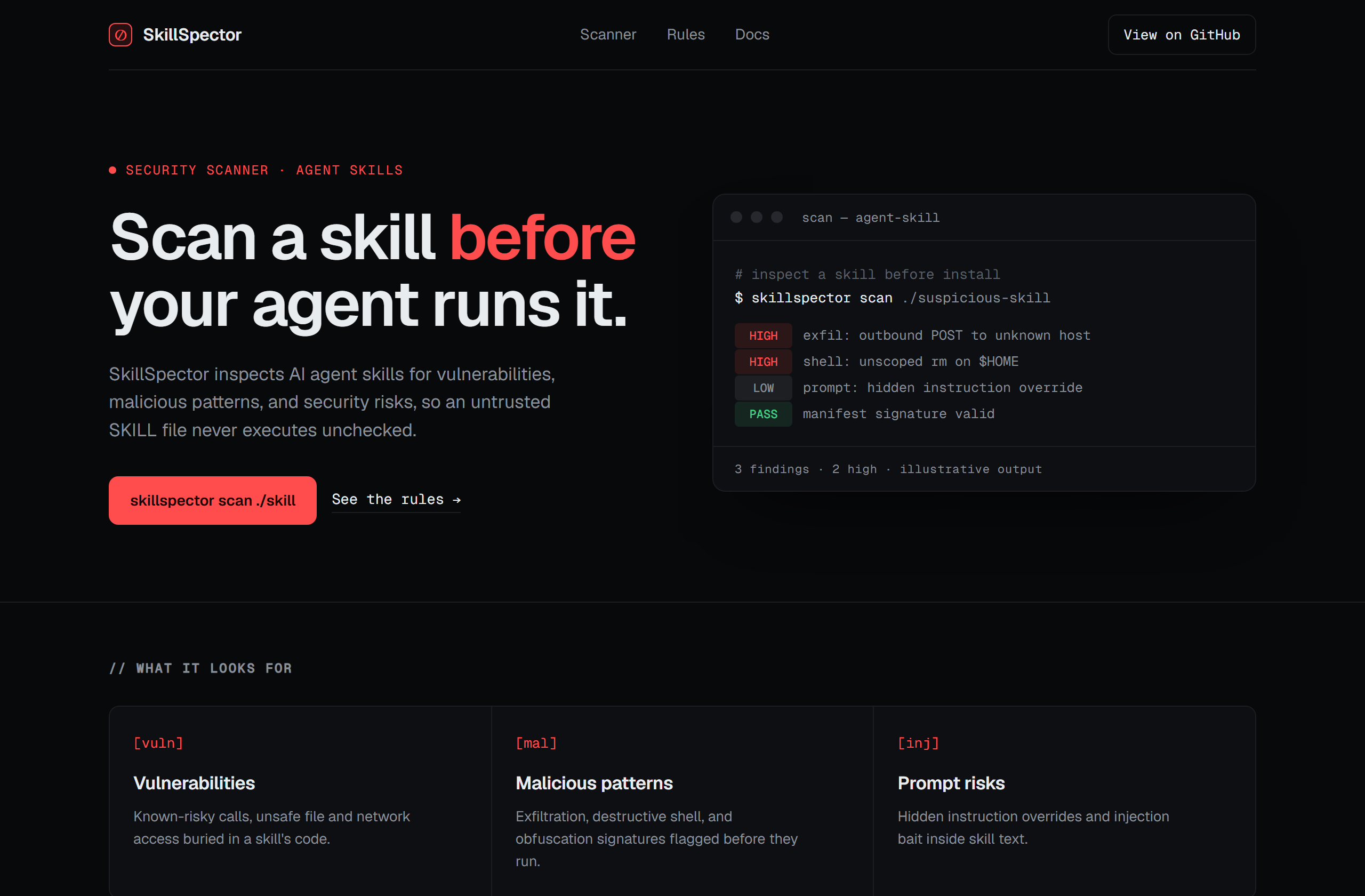 NVIDIA/SkillSpector landing-page hero mock, terminal-dark style
