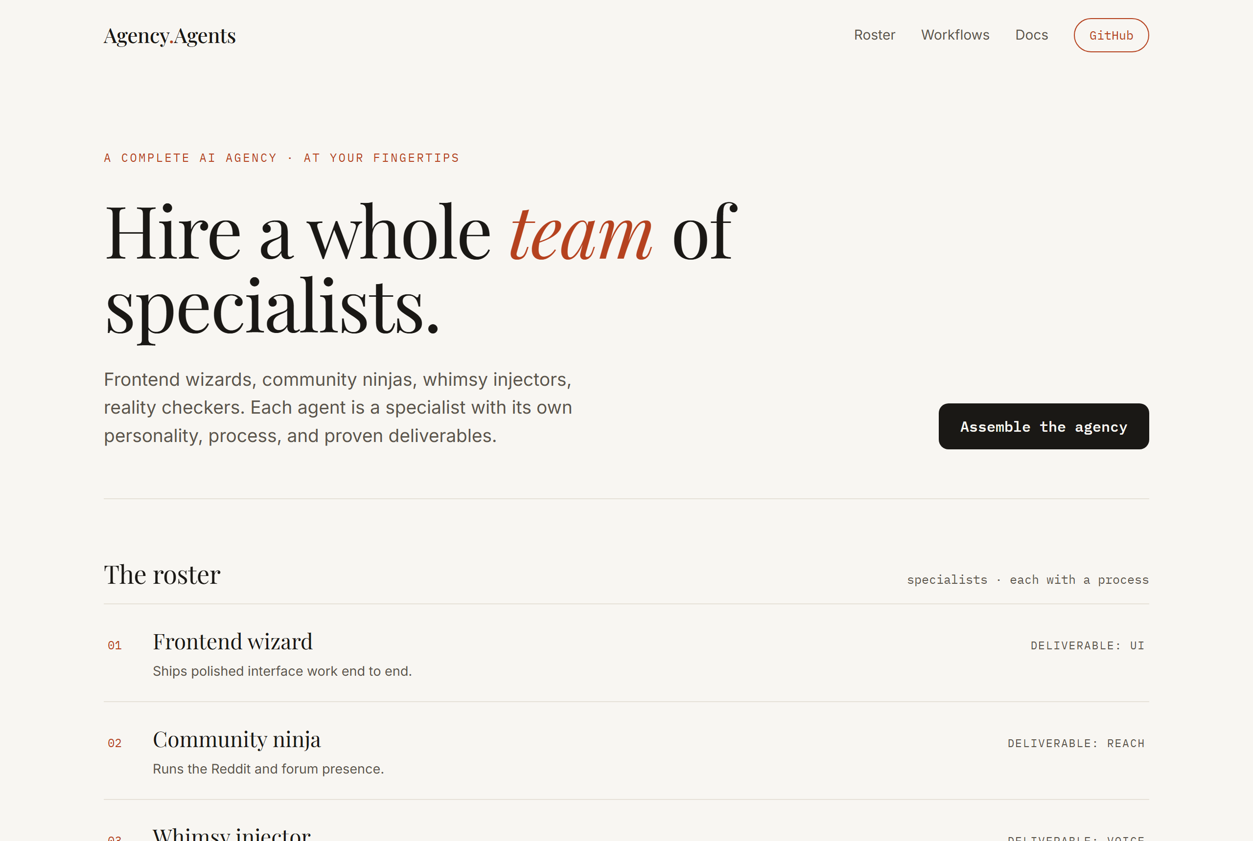 msitarzewski/agency-agents landing-page hero mock, editorial style