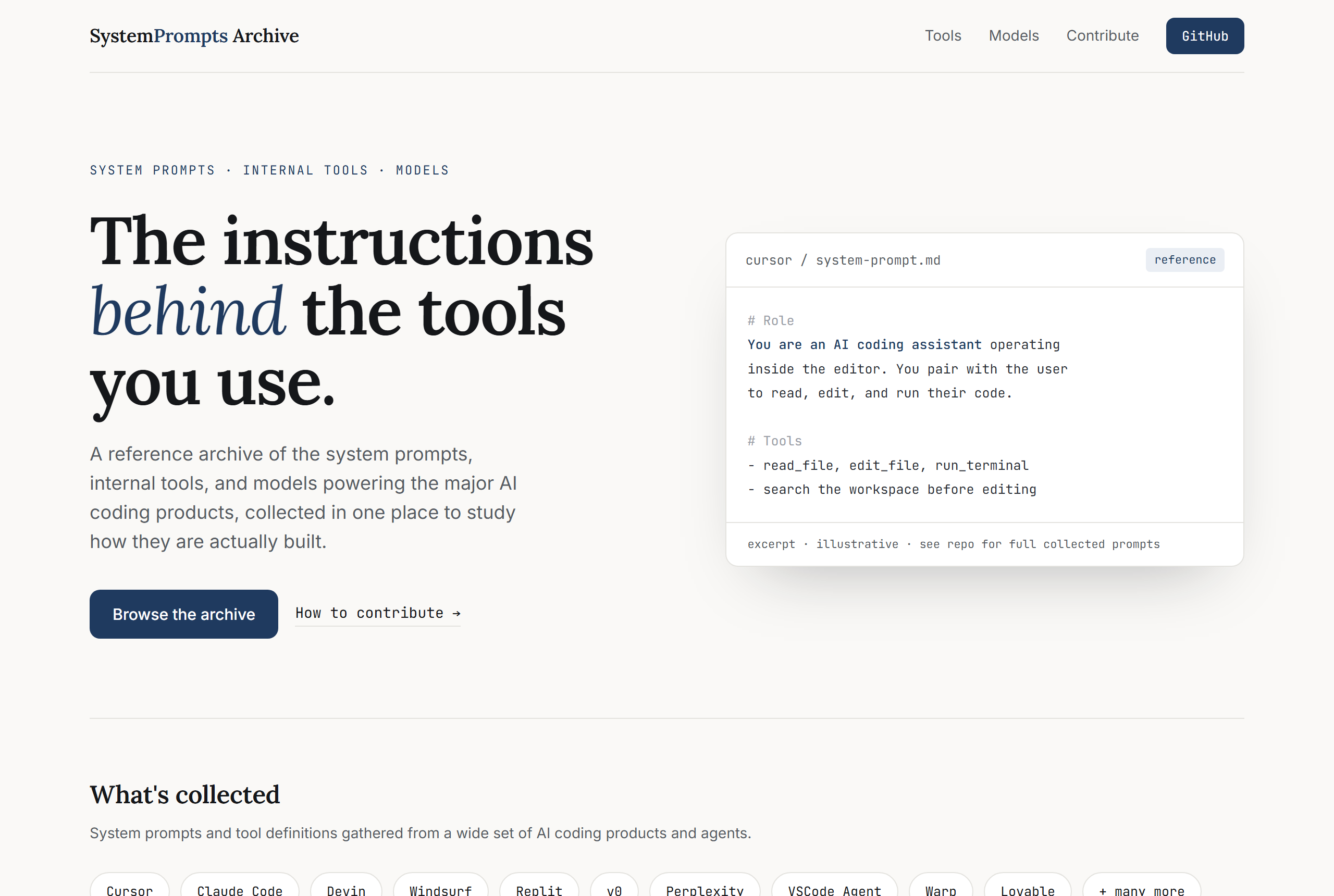 x1xhlol/system-prompts-and-models-of-ai-tools landing-page hero mock, editorial style