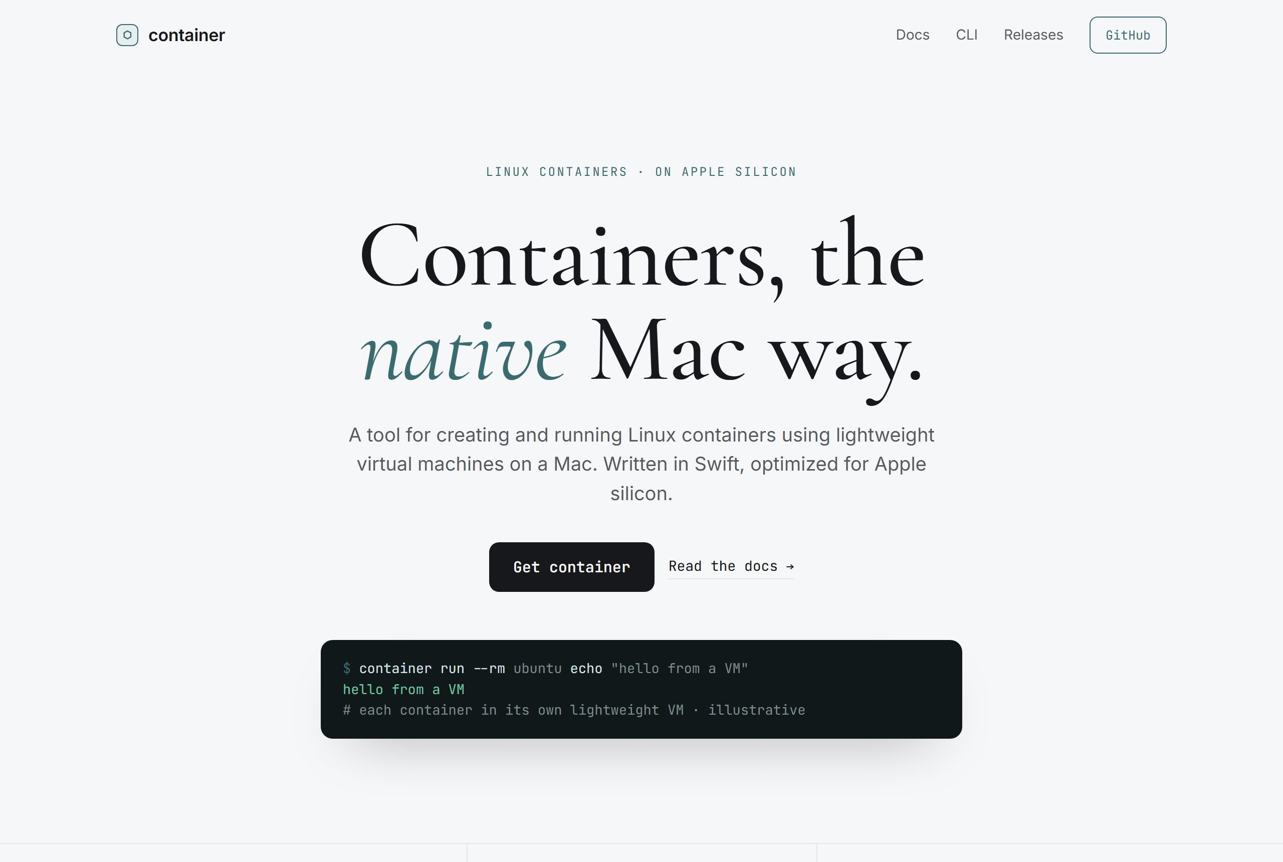 apple/container landing-page hero mock, editorial style