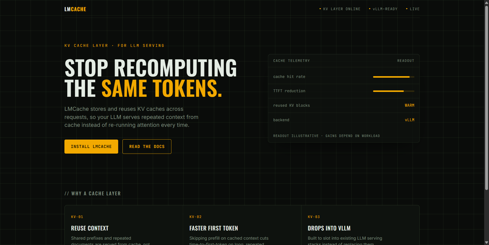 LMCache/LMCache landing-page hero mock, hud style