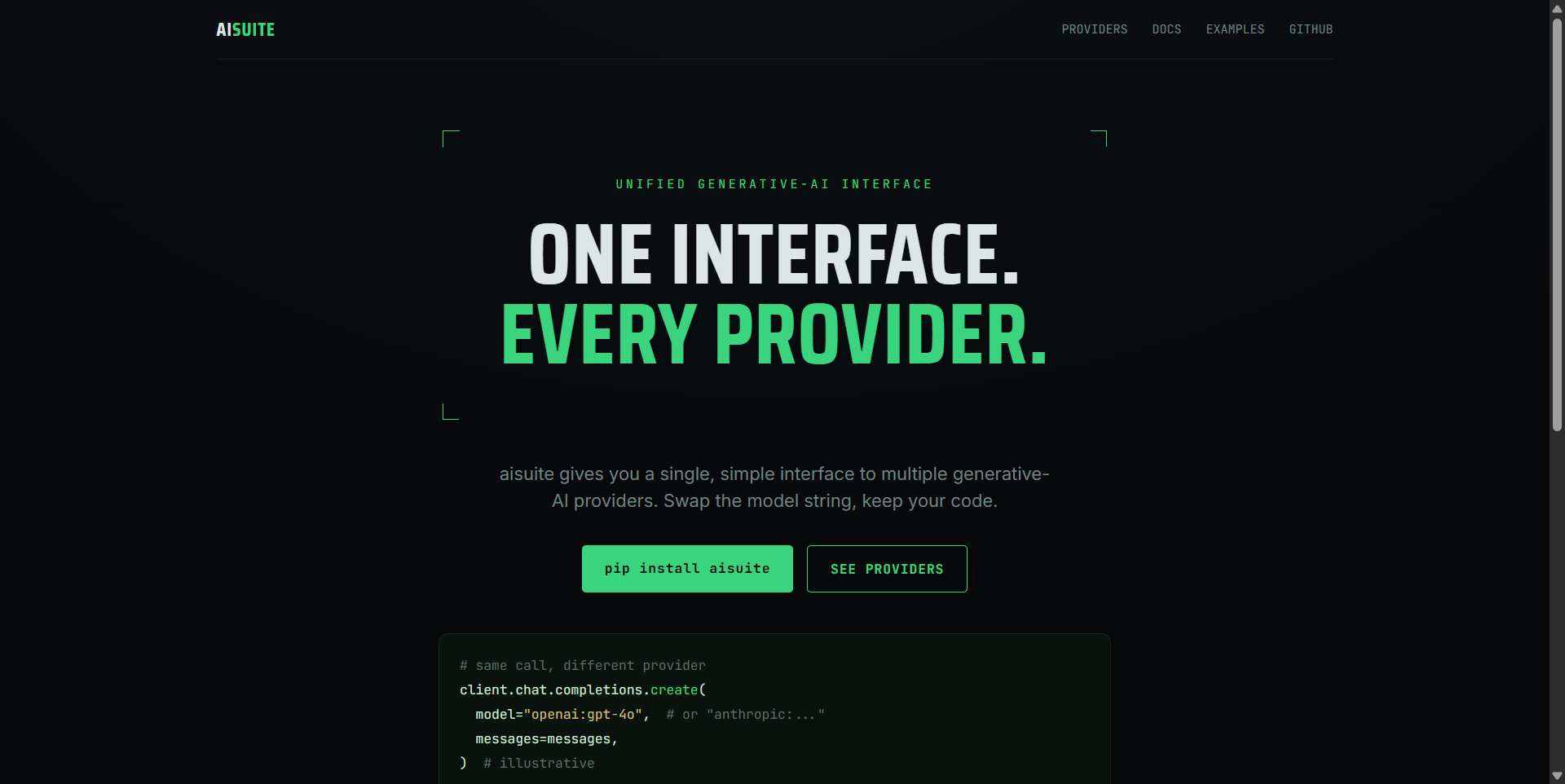 andrewyng/aisuite landing-page hero mock, hud style