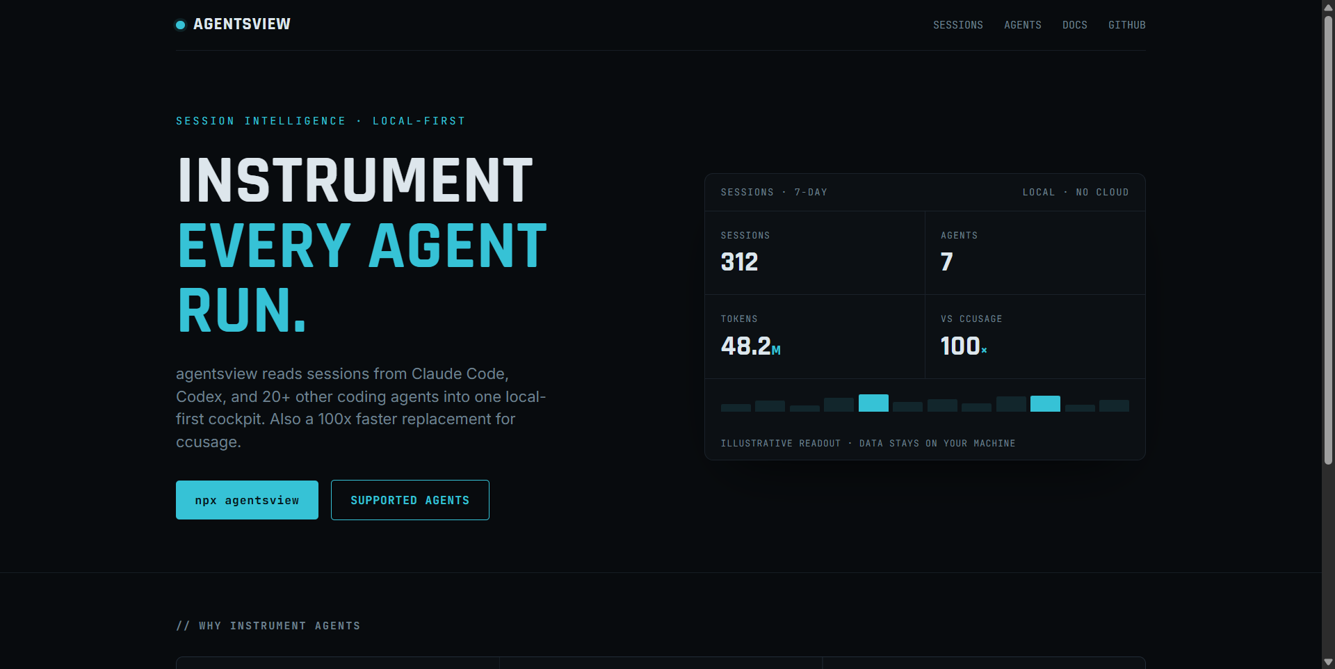 kenn-io/agentsview landing-page hero mock, hud style