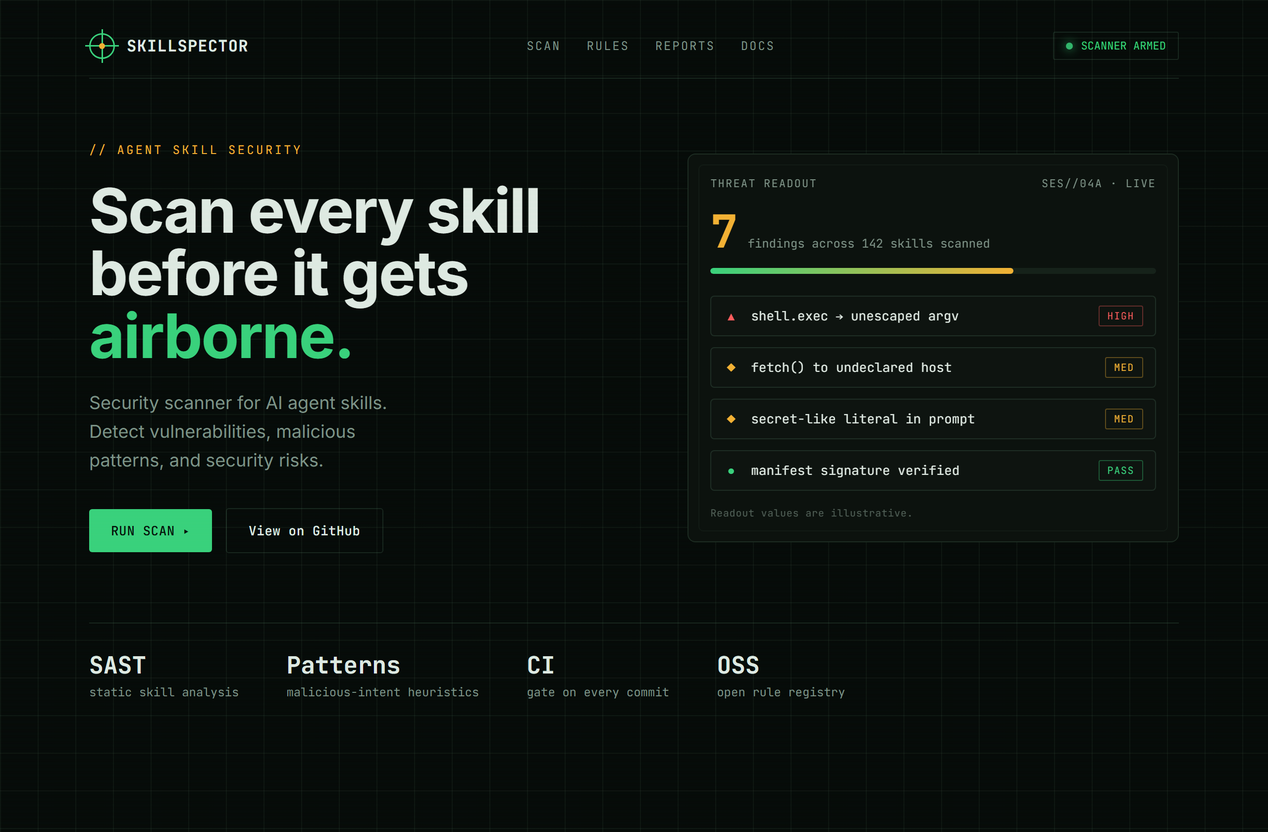 NVIDIA/SkillSpector landing-page hero mock, hud style