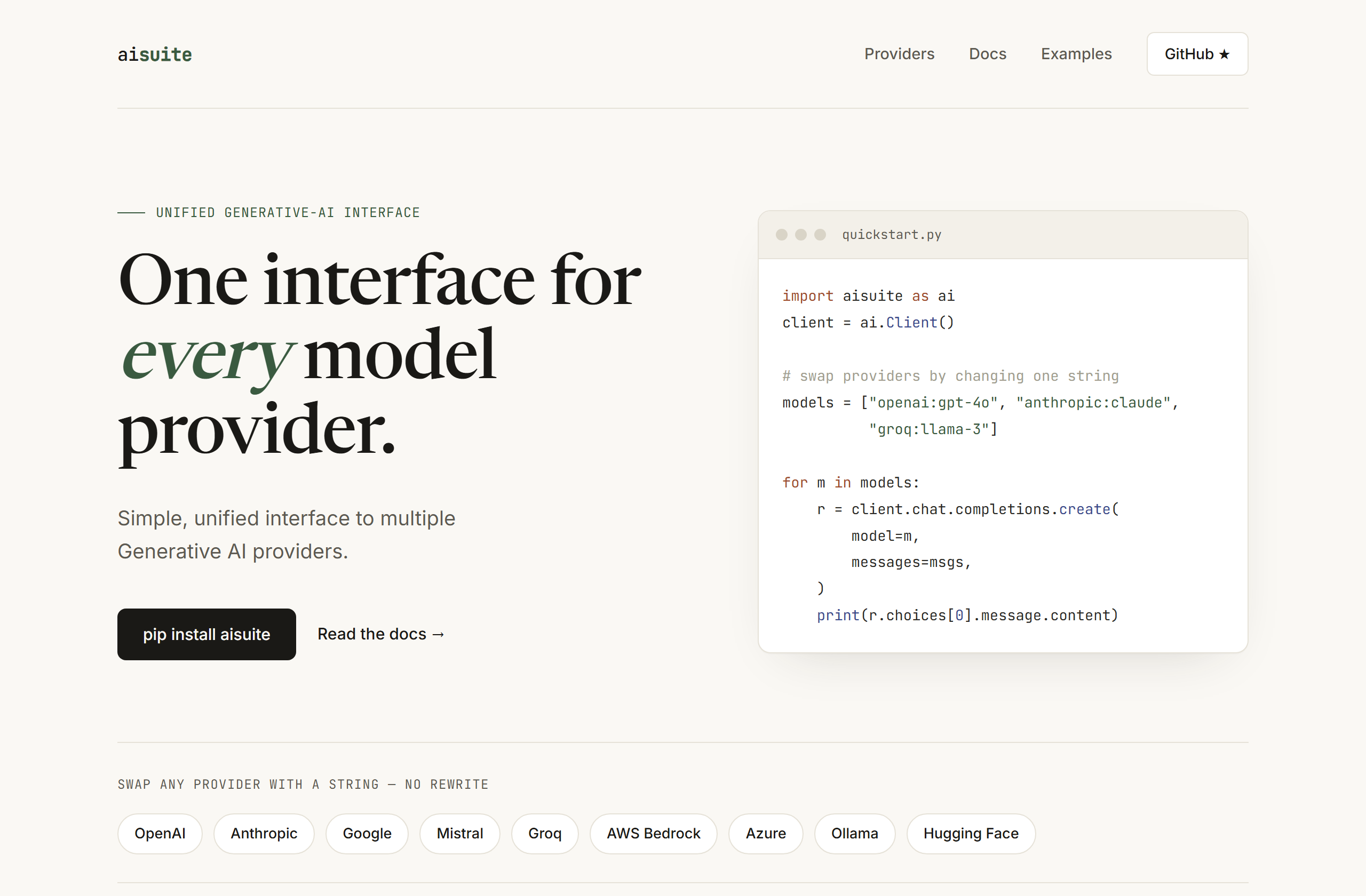 andrewyng/aisuite landing-page hero mock, editorial style