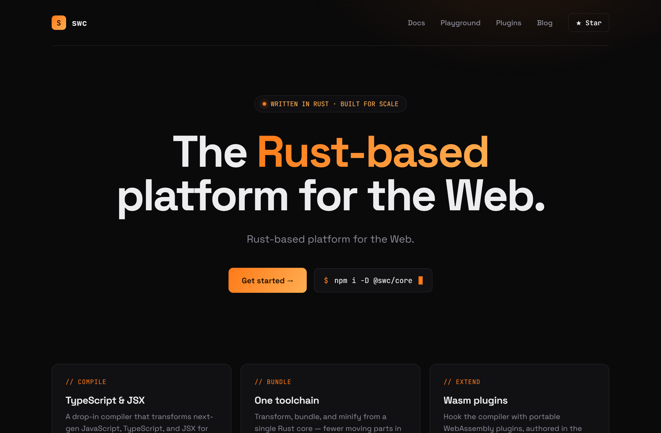 swc-project/swc landing-page hero mock, terminal-dark style