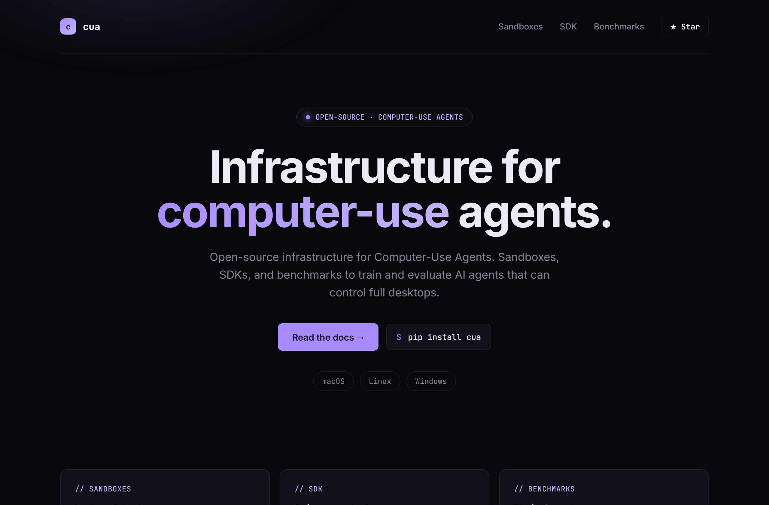 trycua/cua landing-page hero mock, terminal-dark style