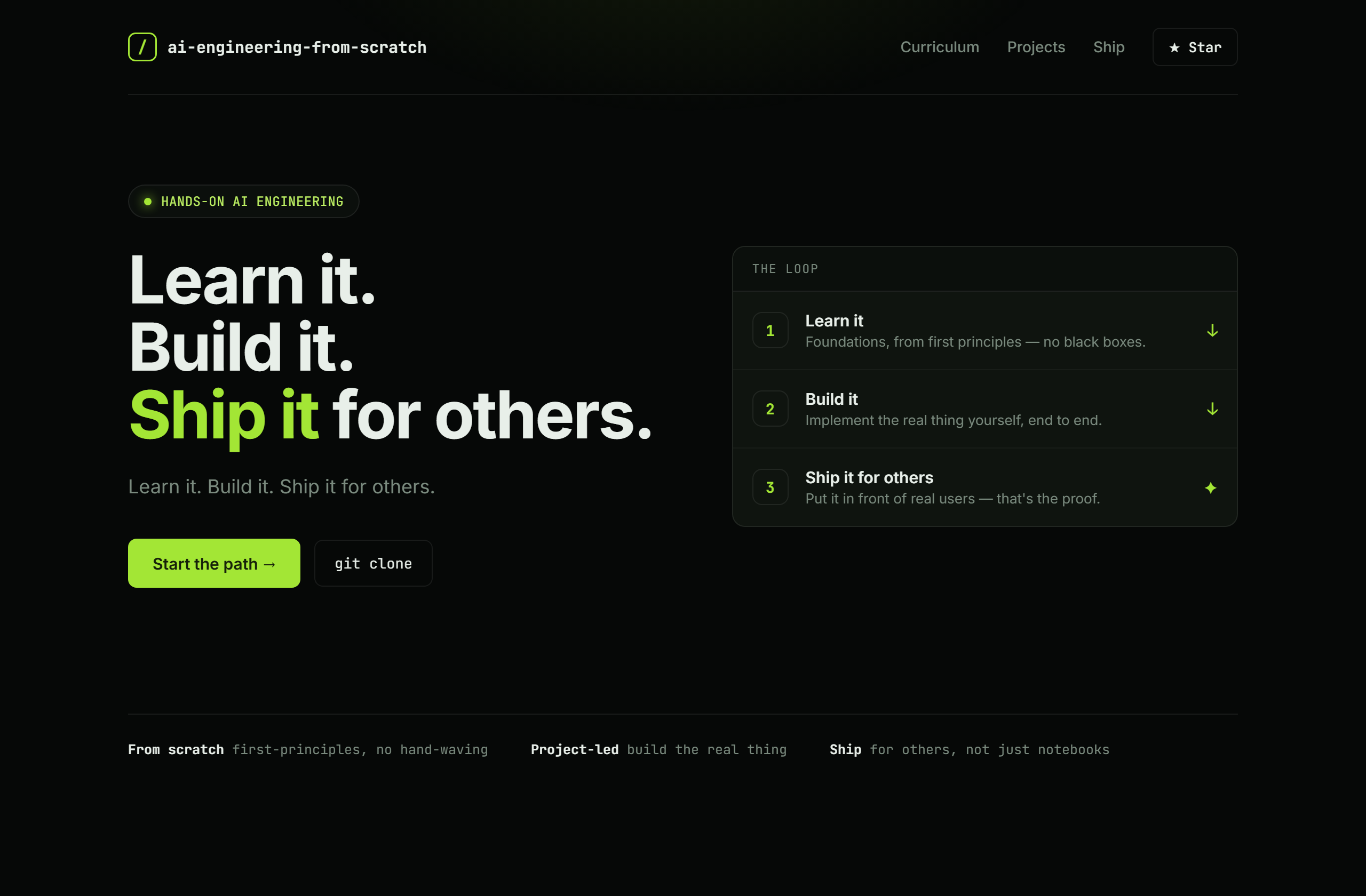 rohitg00/ai-engineering-from-scratch landing-page hero mock, terminal-dark style