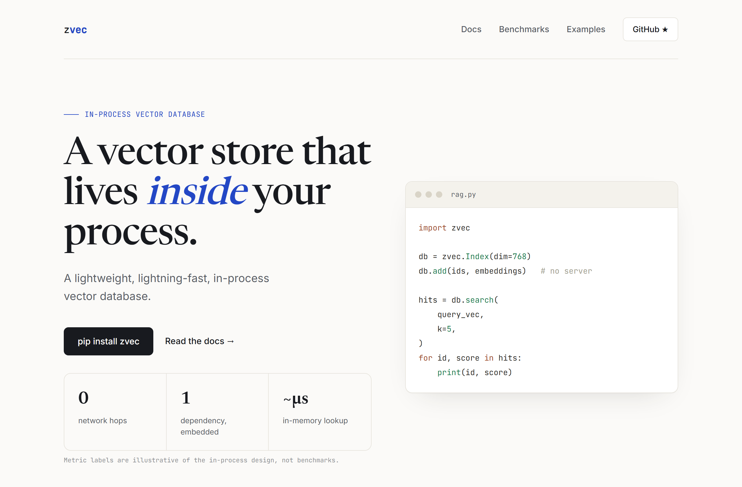 alibaba/zvec landing-page hero mock, editorial style