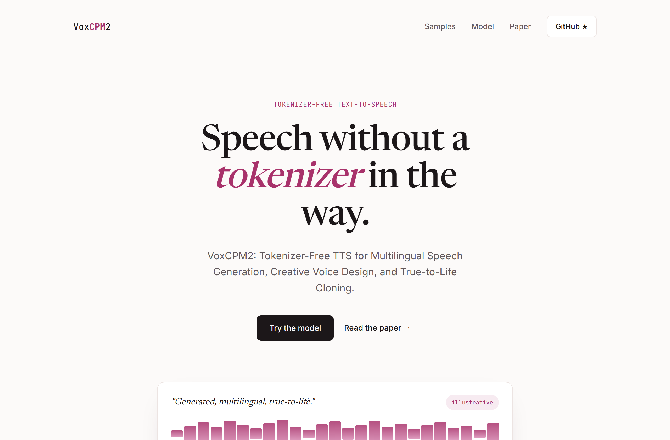 OpenBMB/VoxCPM landing-page hero mock, editorial style