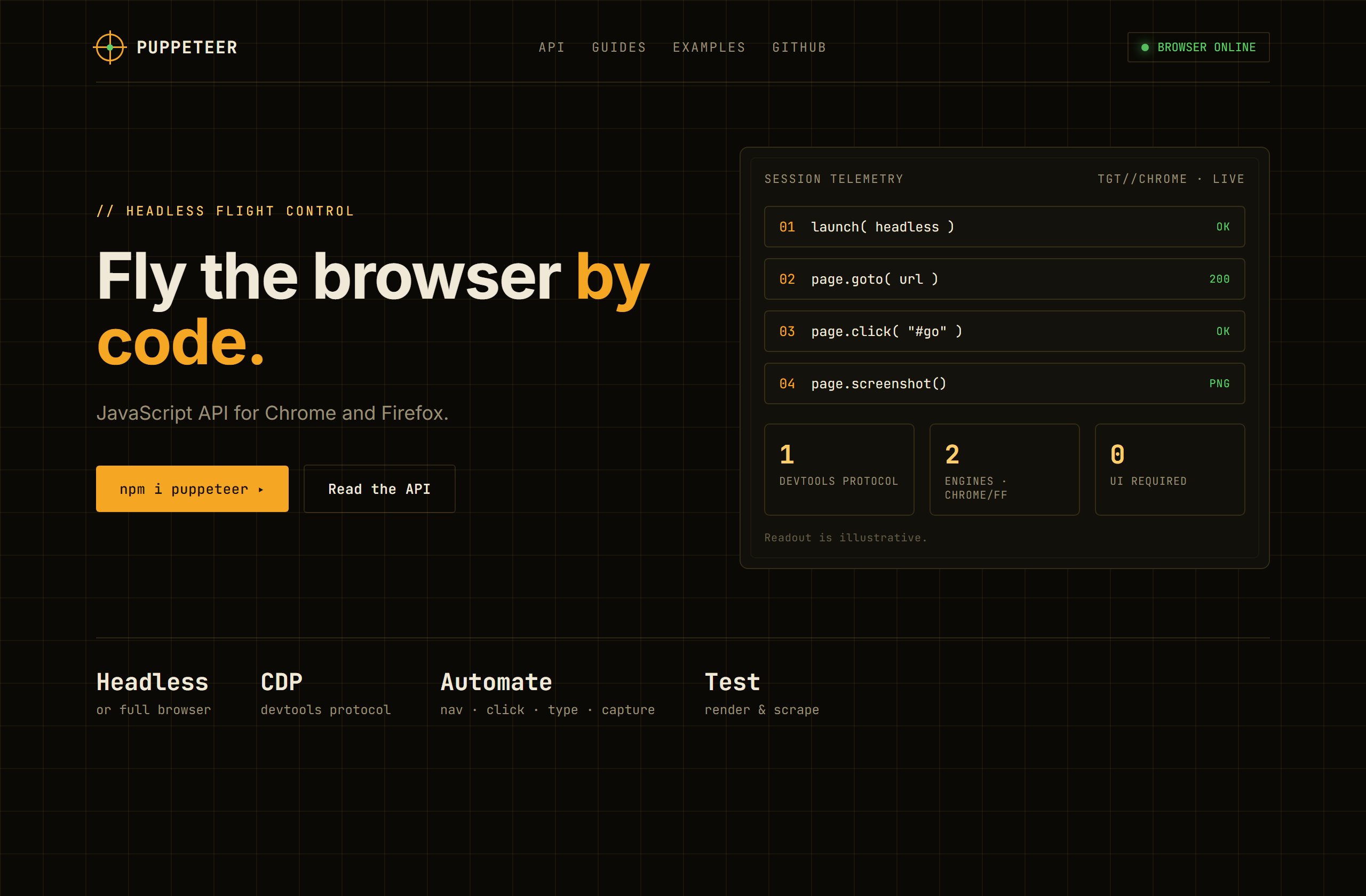 puppeteer/puppeteer landing-page hero mock, hud style