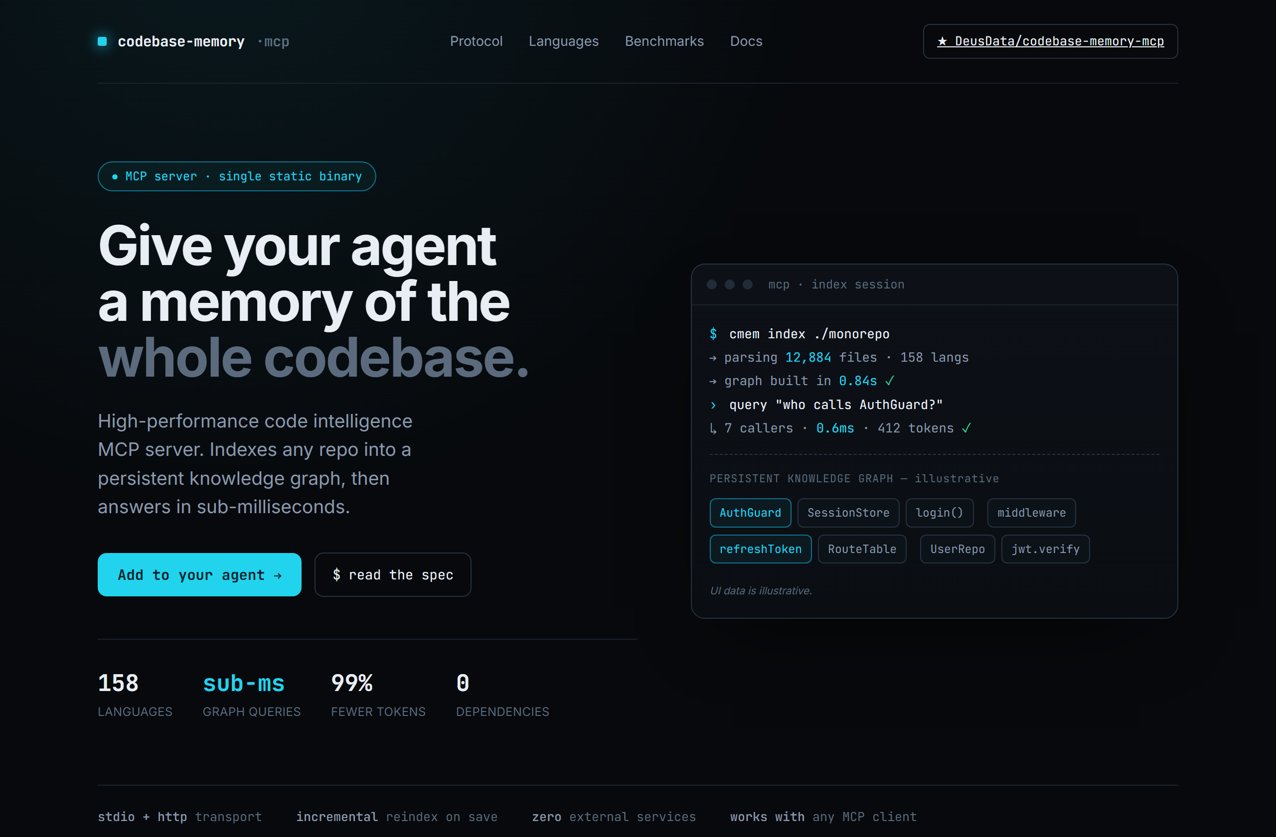 DeusData/codebase-memory-mcp landing-page hero mock, terminal-dark style