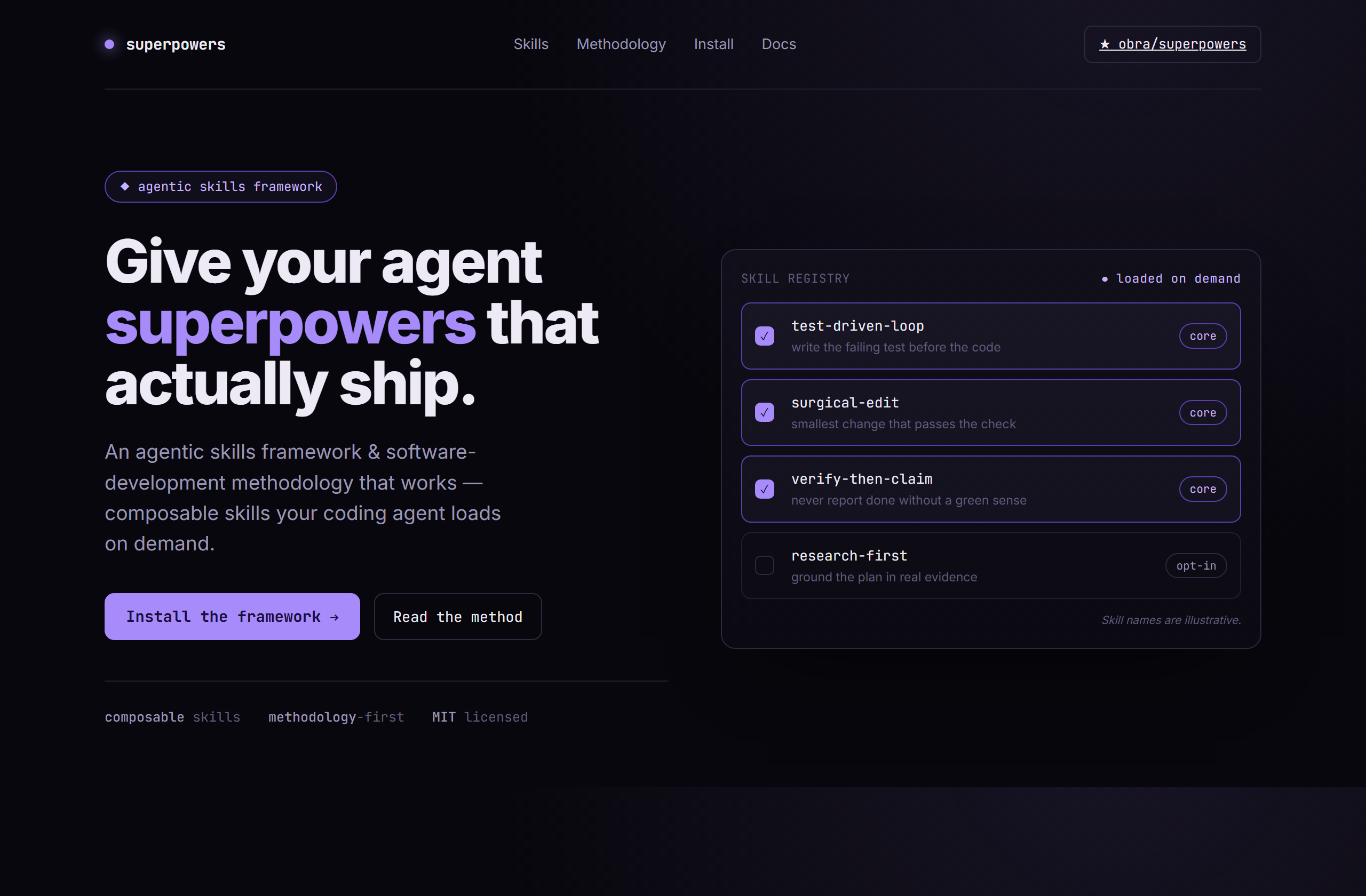 obra/superpowers landing-page hero mock, terminal-dark style