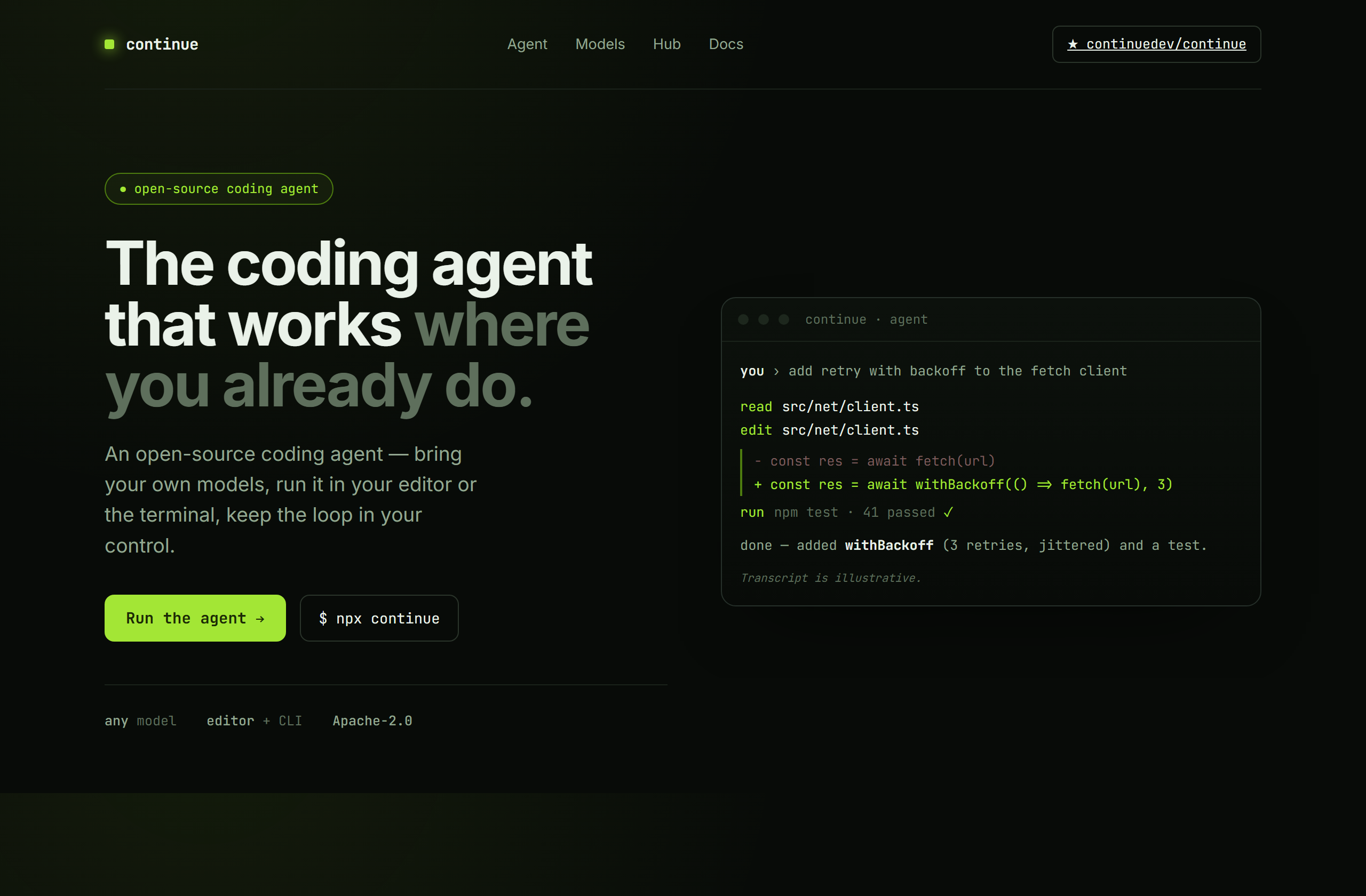 continuedev/continue landing-page hero mock, terminal-dark style