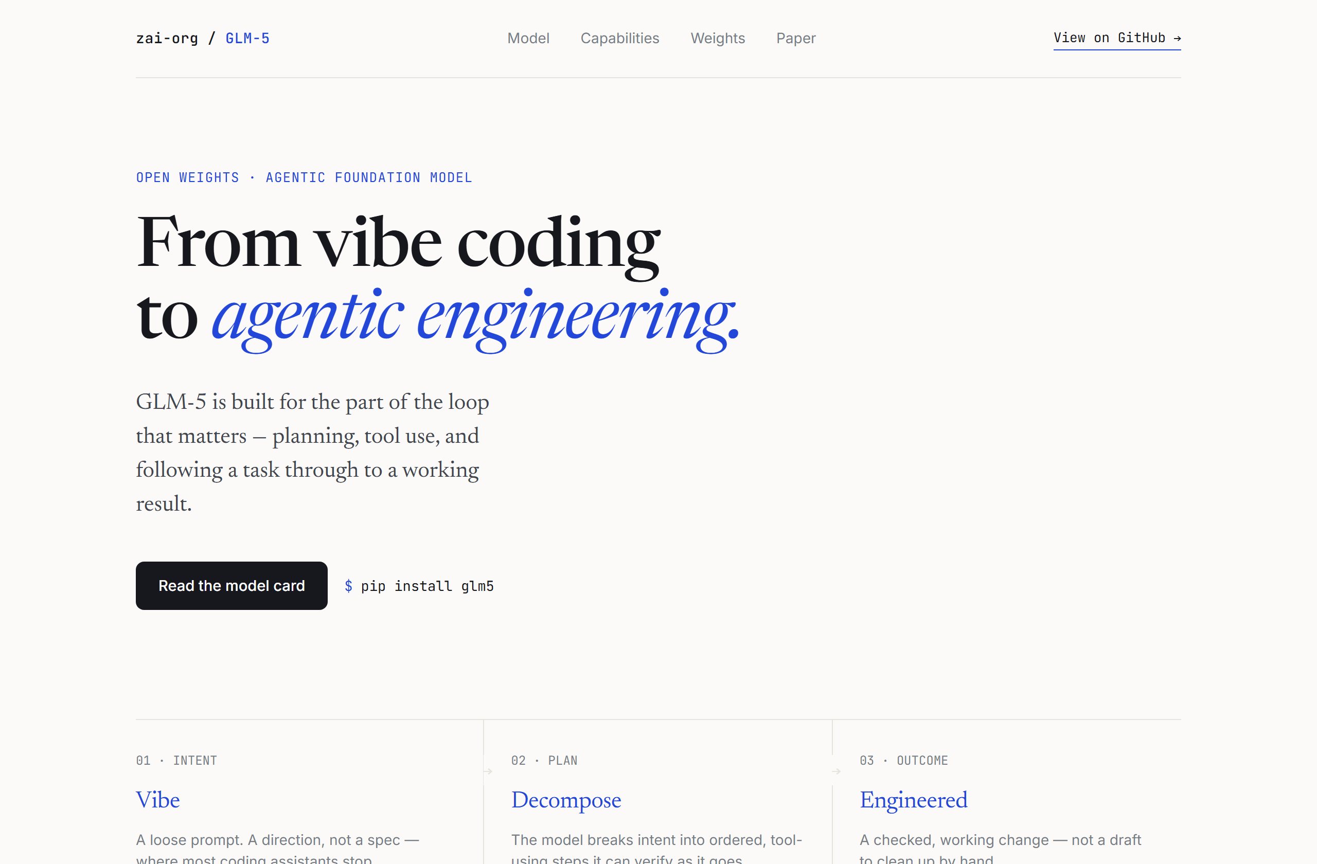 zai-org/GLM-5 landing-page hero mock, editorial style
