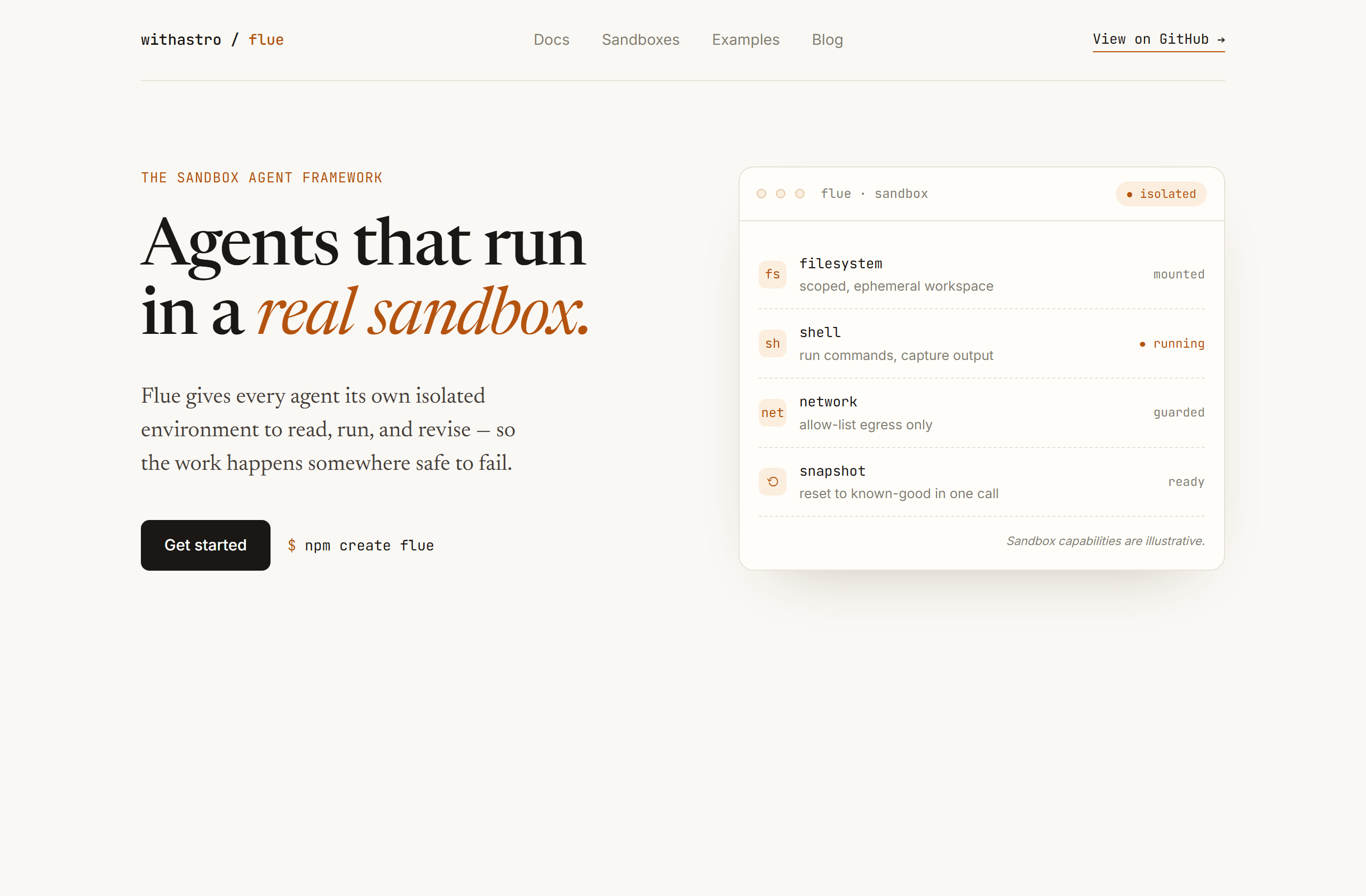 withastro/flue landing-page hero mock, editorial style