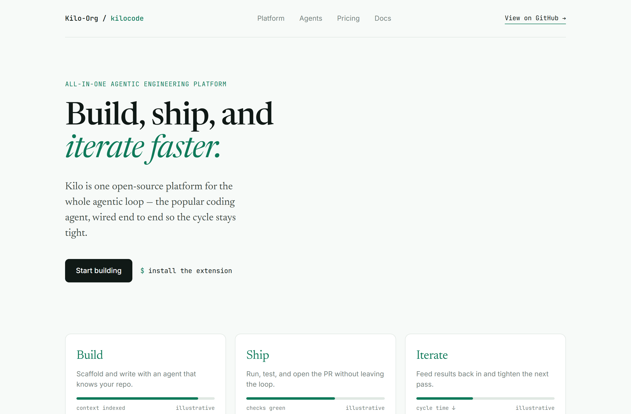 Kilo-Org/kilocode landing-page hero mock, editorial style