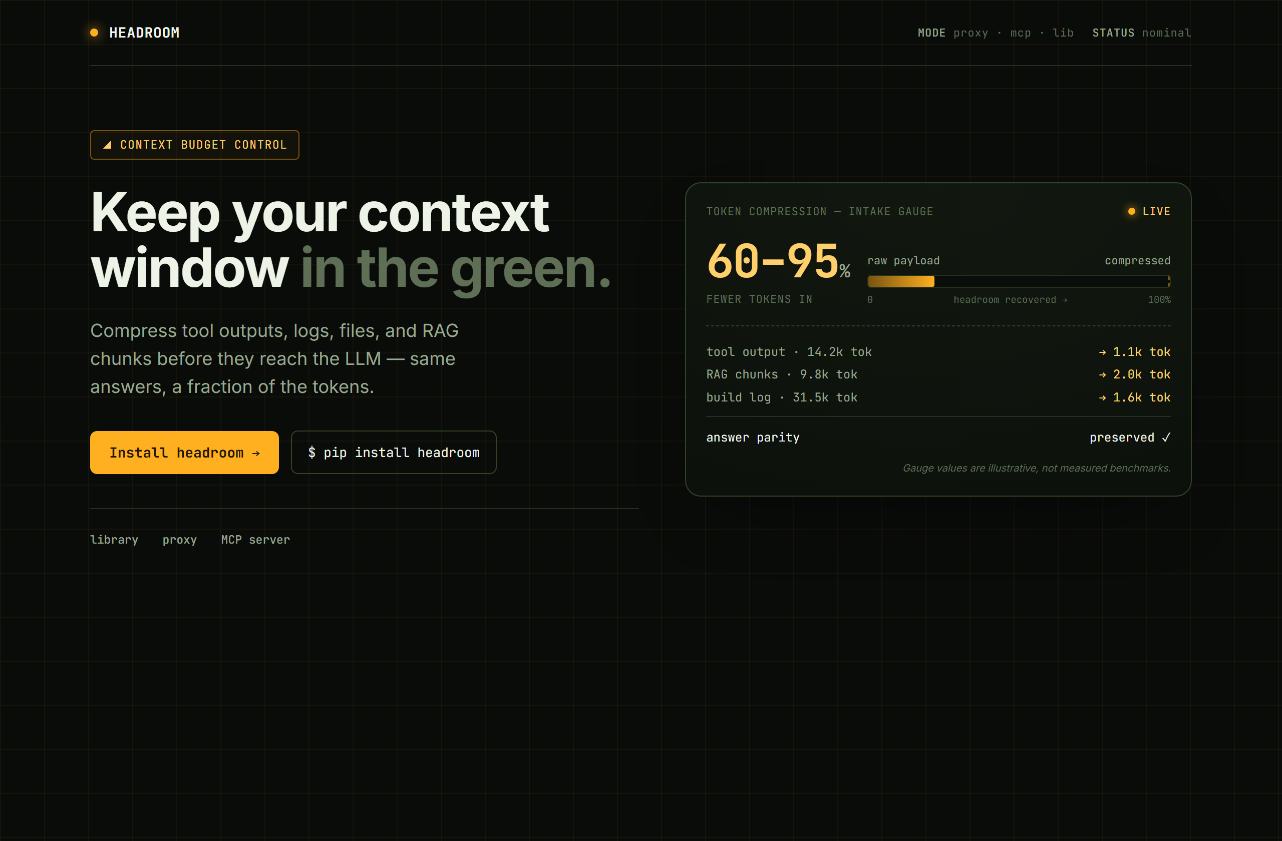 chopratejas/headroom landing-page hero mock, hud style