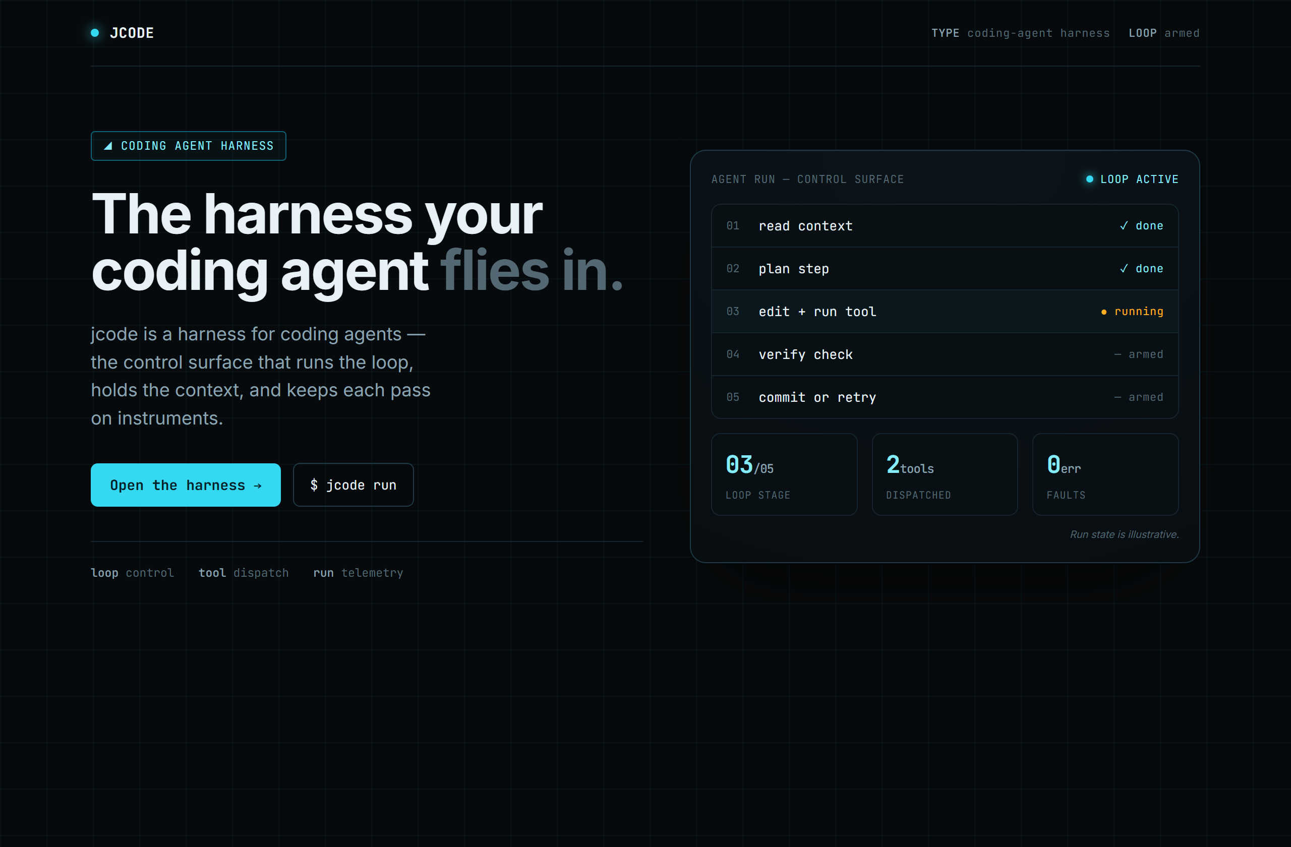 1jehuang/jcode landing-page hero mock, hud style