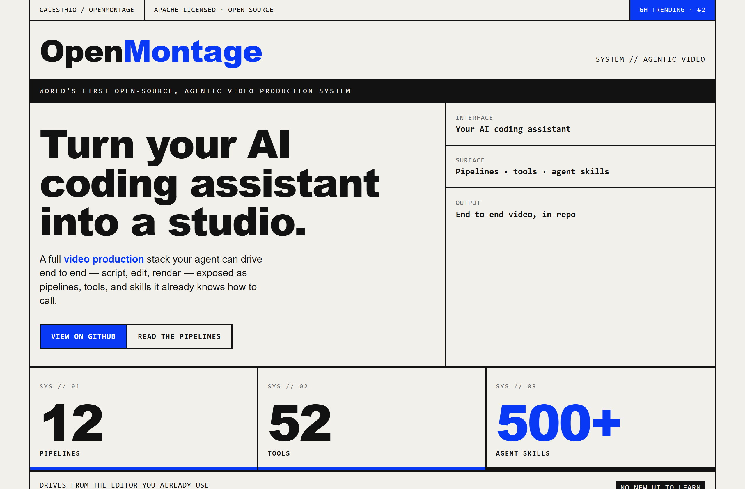 calesthio/OpenMontage landing-page hero mock, brutalist style