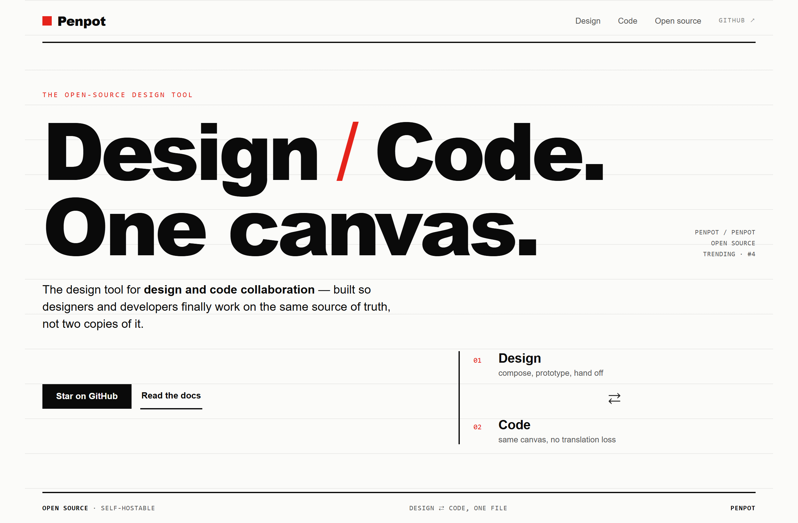 penpot/penpot landing-page hero mock, swiss style