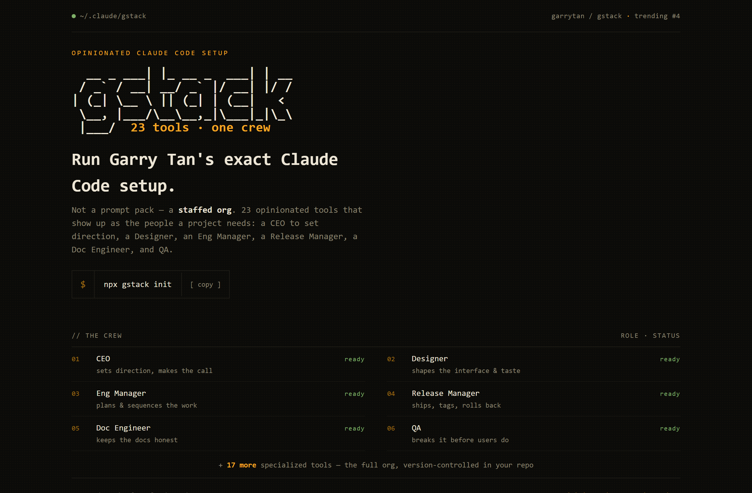 garrytan/gstack landing-page hero mock, mono-zine style