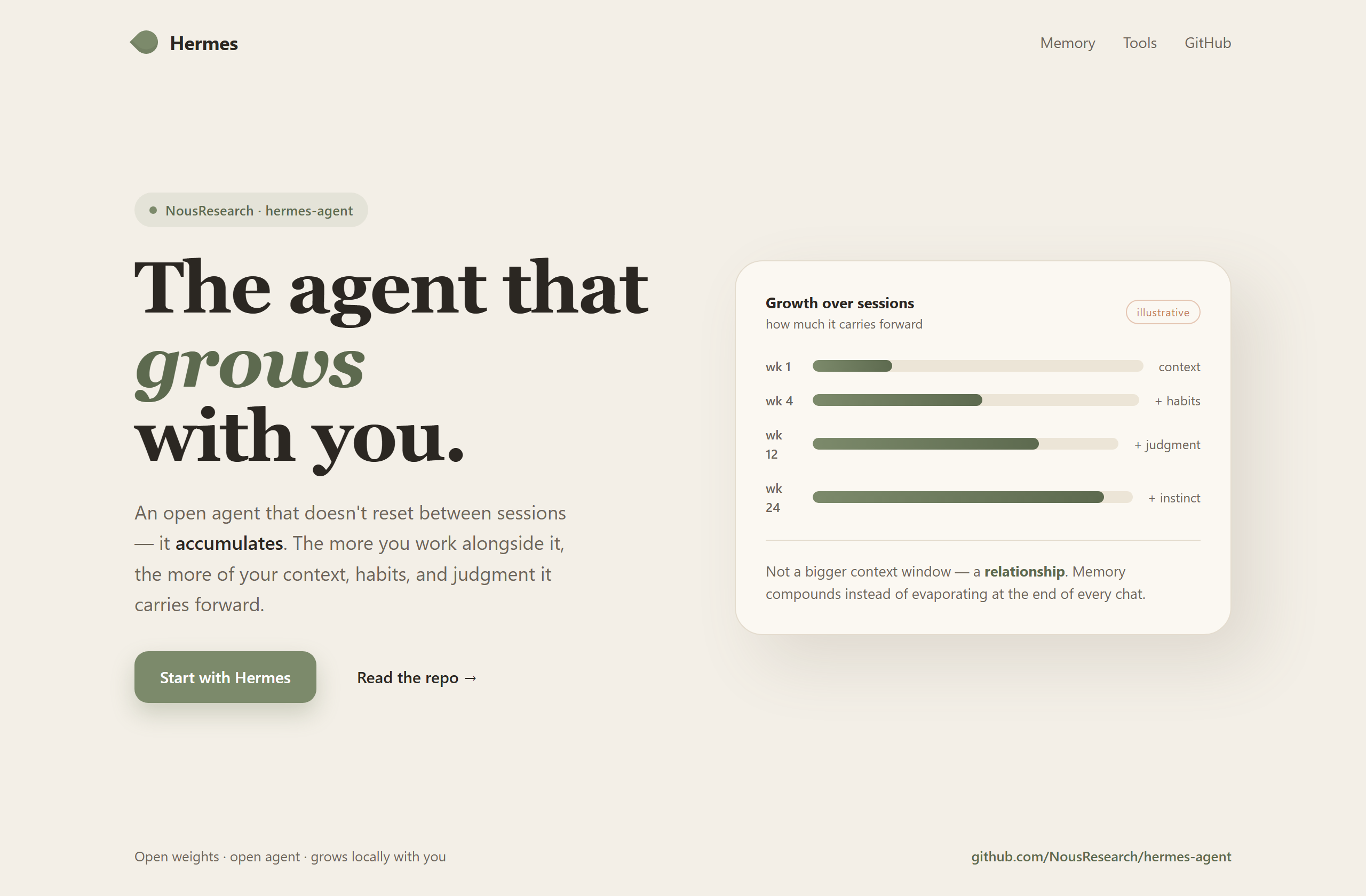 NousResearch/hermes-agent landing-page hero mock, warm-minimal style
