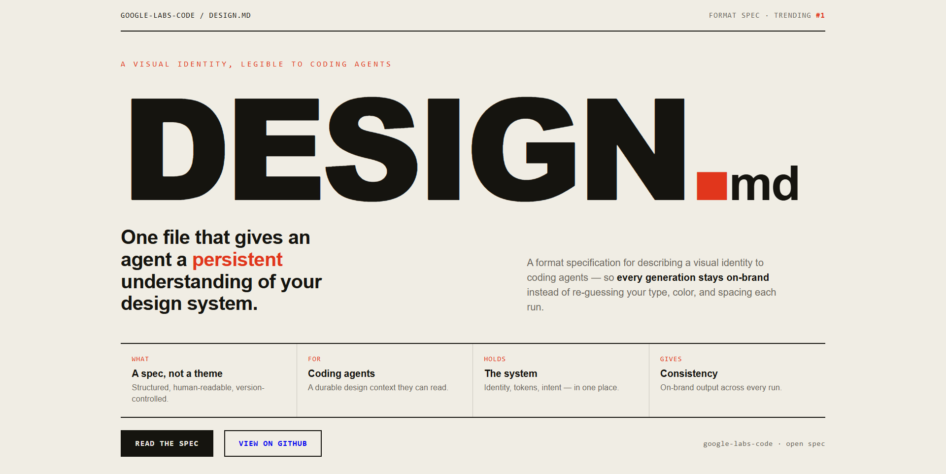 google-labs-code/design.md landing-page hero mock, poster style