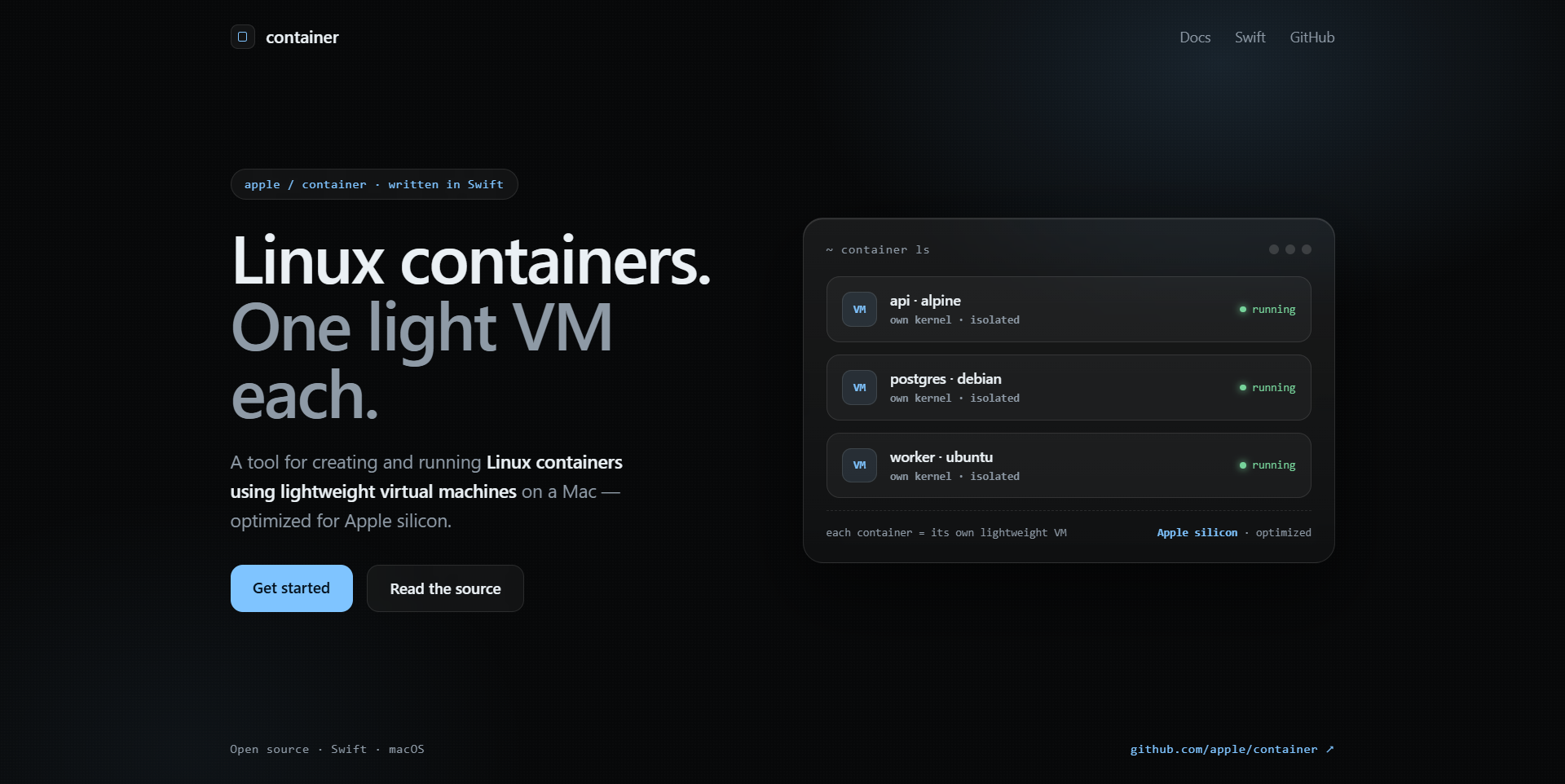 apple/container landing-page hero mock, glass style