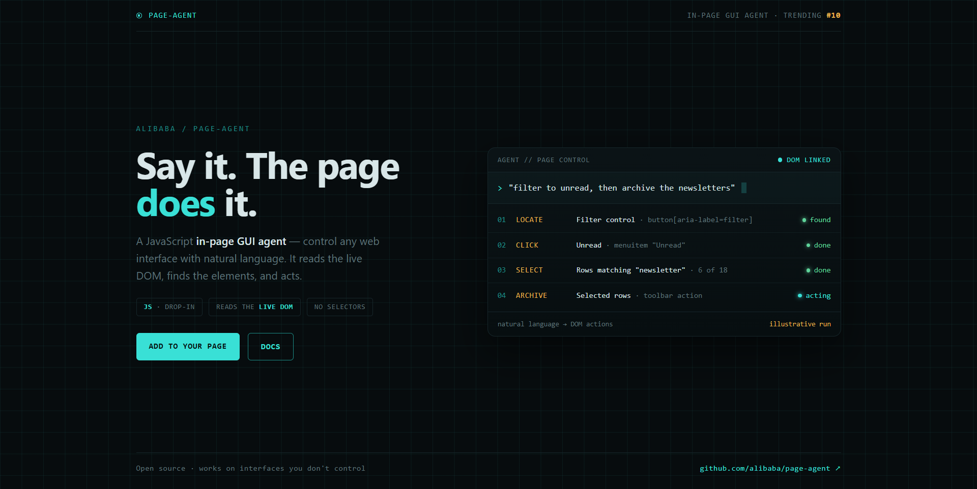 alibaba/page-agent landing-page hero mock, hud style
