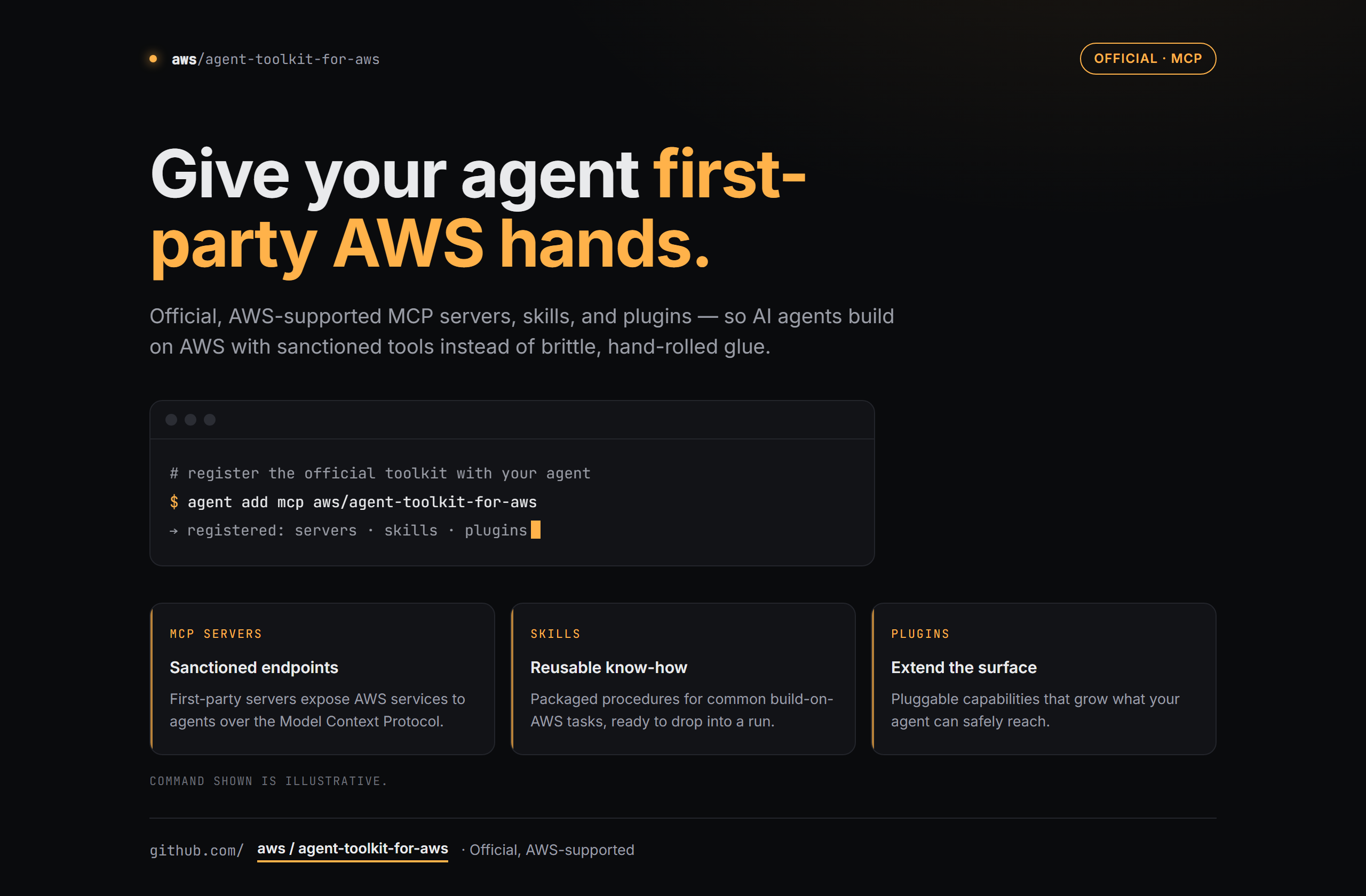 aws/agent-toolkit-for-aws landing-page hero mock, terminal-dark style