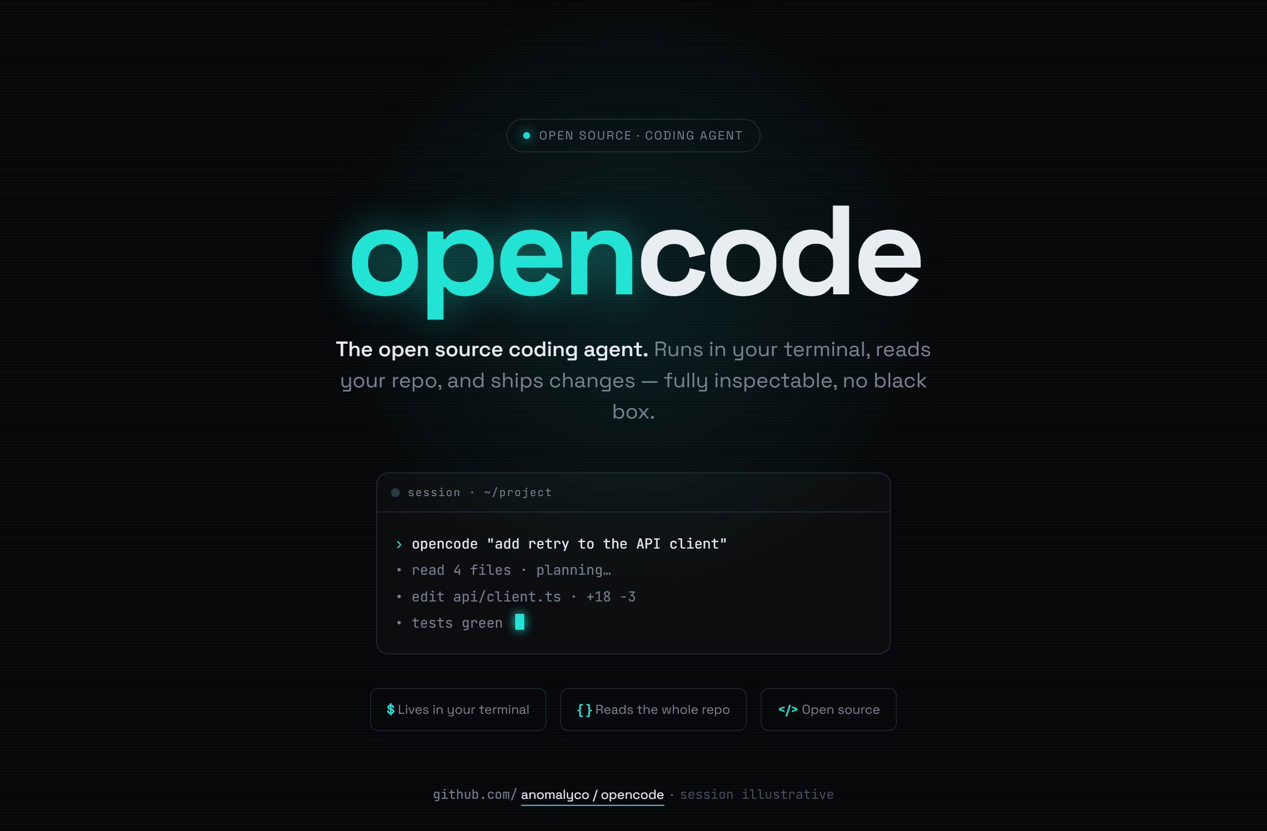 anomalyco/opencode landing-page hero mock, neon-noir style