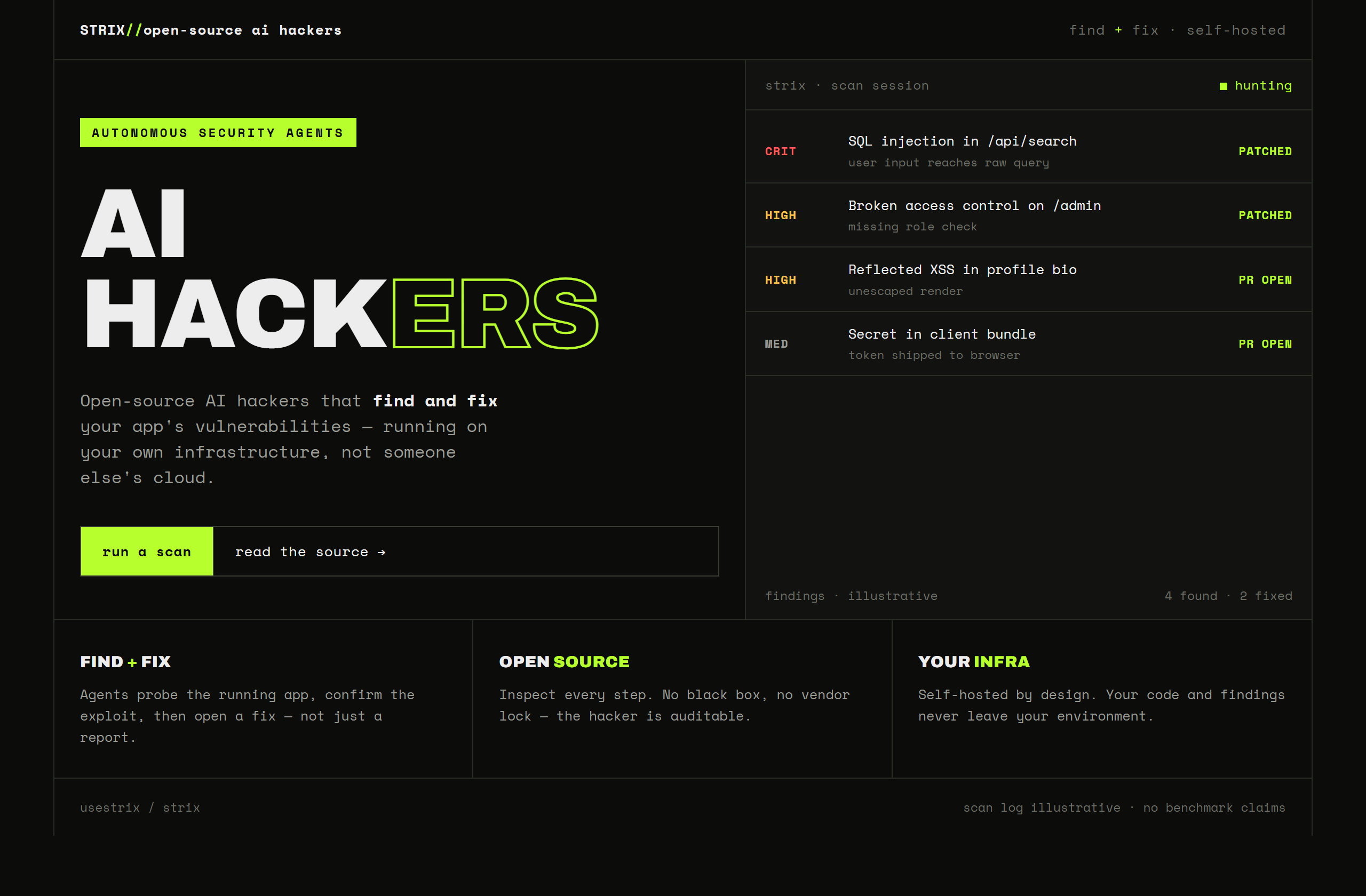 usestrix/strix landing-page hero mock, brutalist style