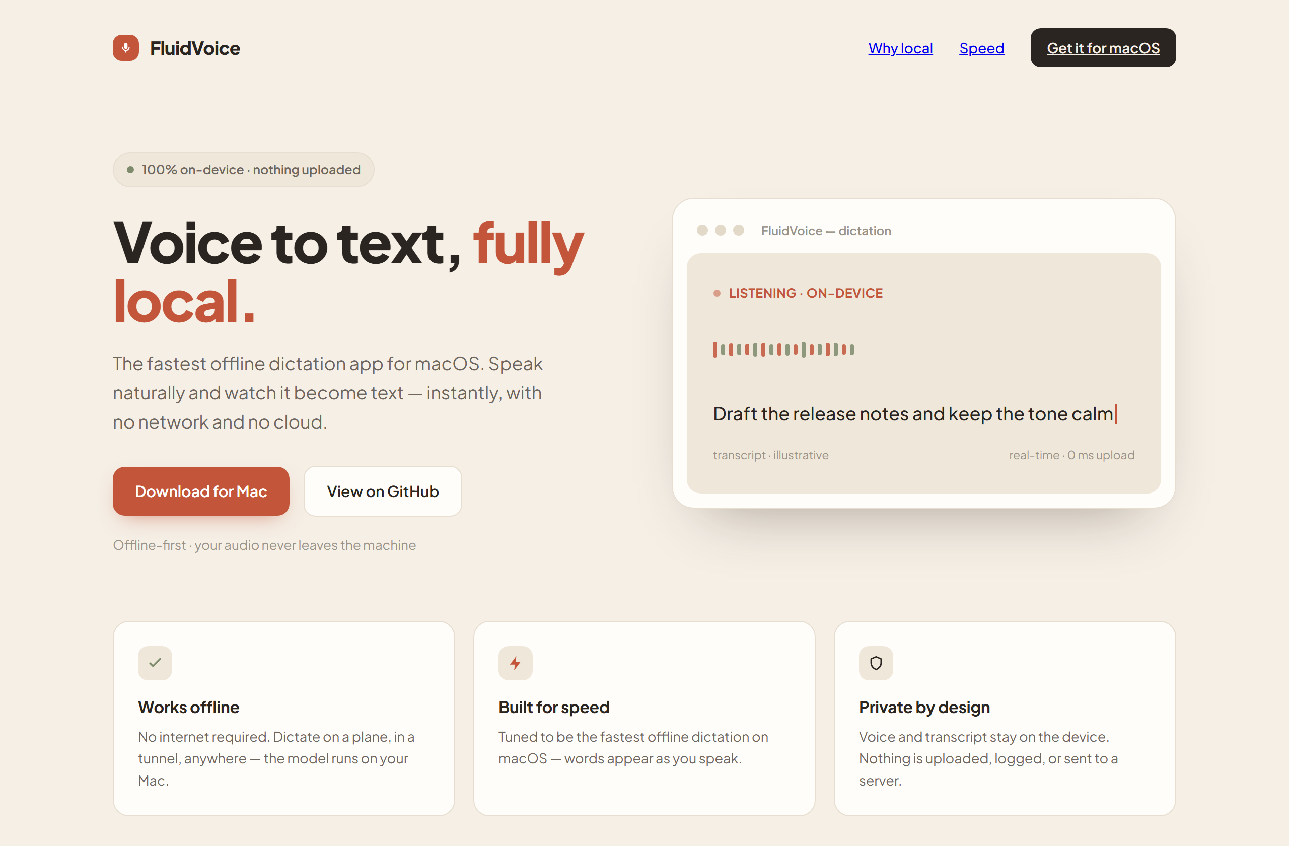 altic-dev/FluidVoice landing-page hero mock, warm-minimal style