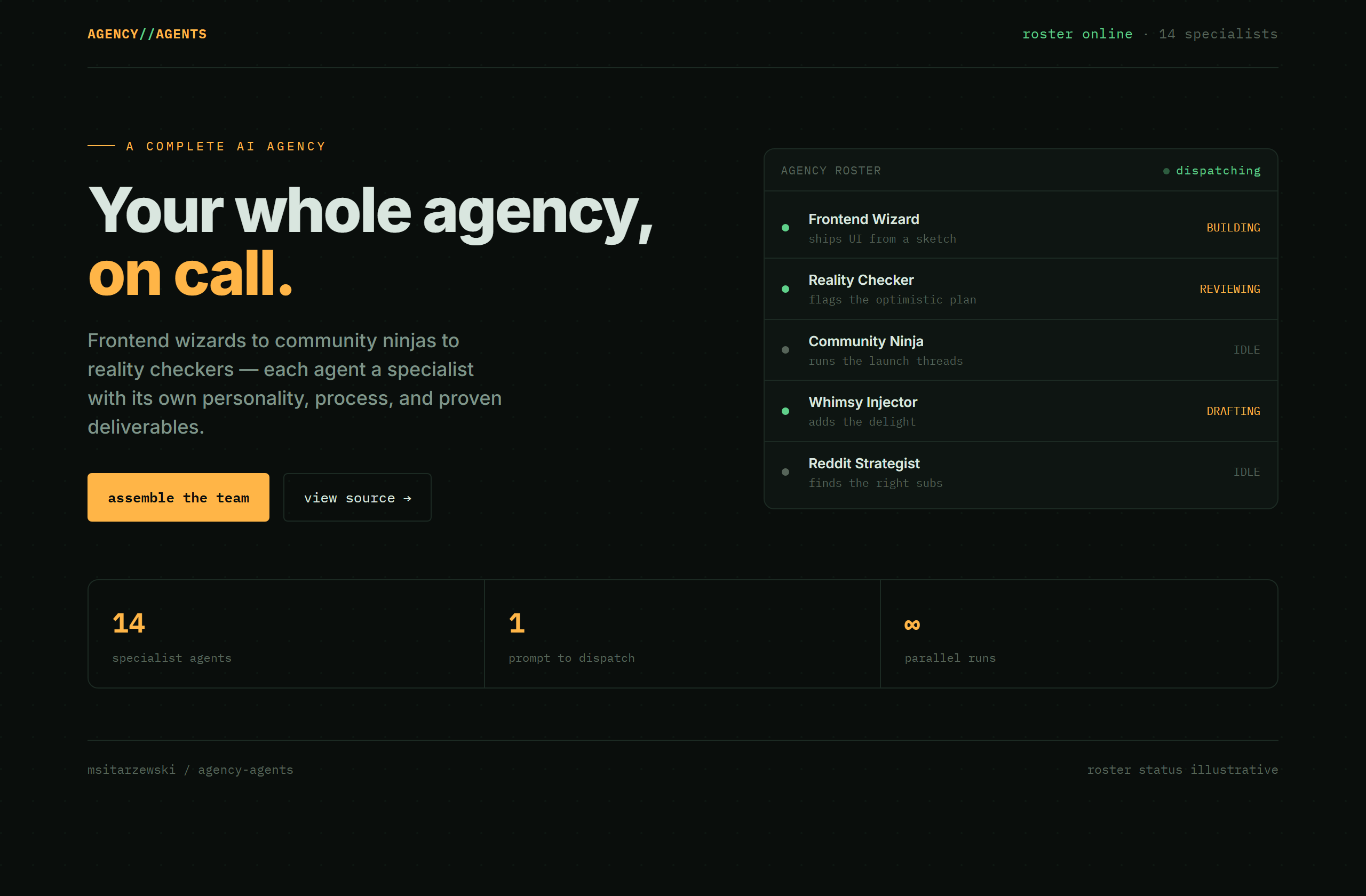 msitarzewski/agency-agents landing-page hero mock, hud style