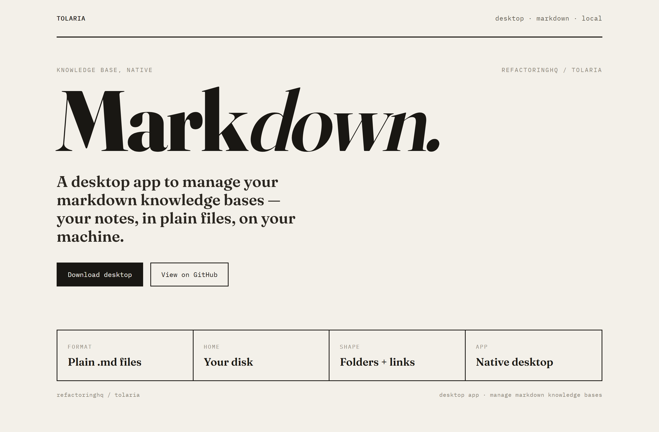 refactoringhq/tolaria landing-page hero mock, poster style