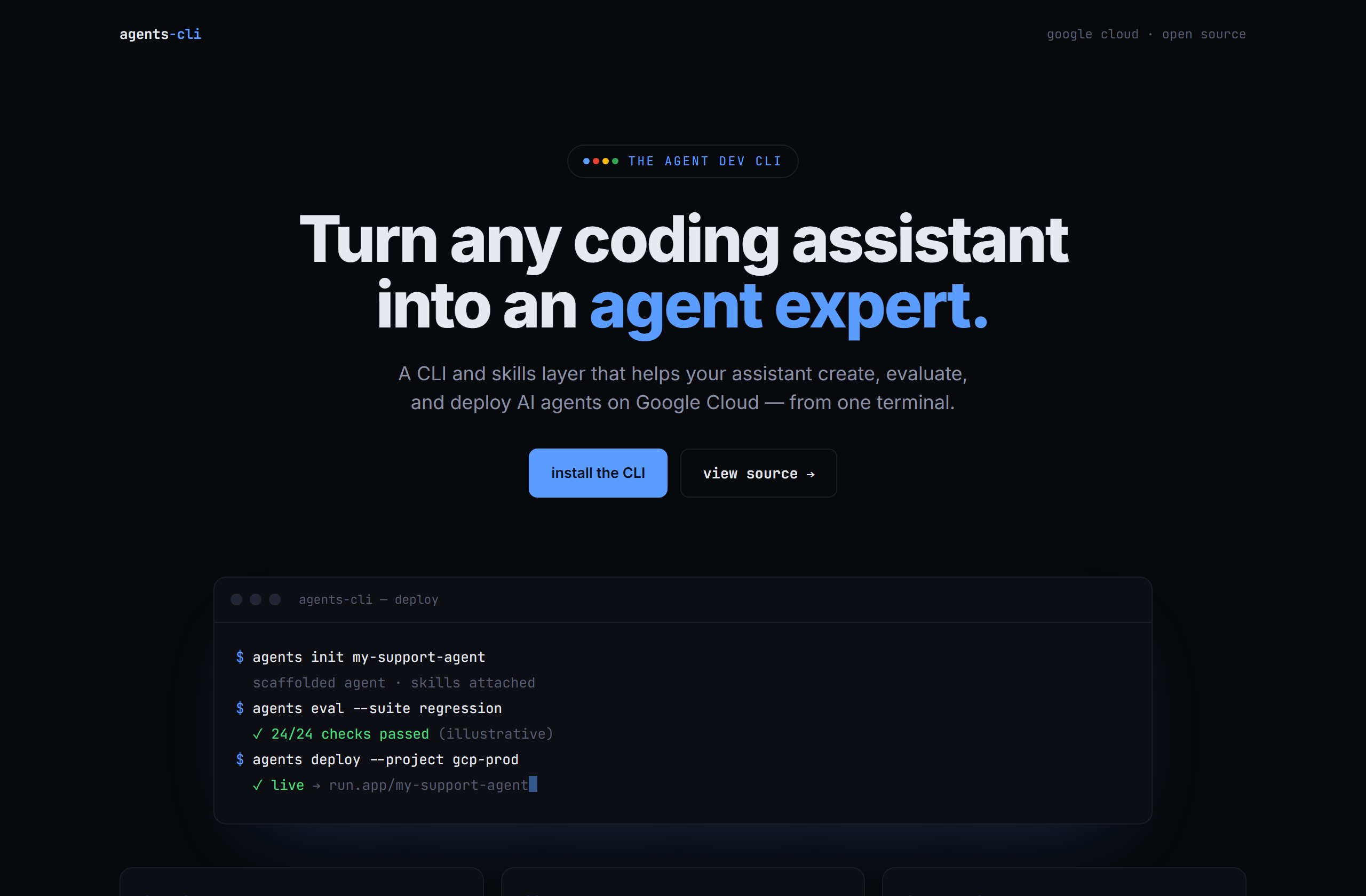 google/agents-cli landing-page hero mock, terminal-dark style