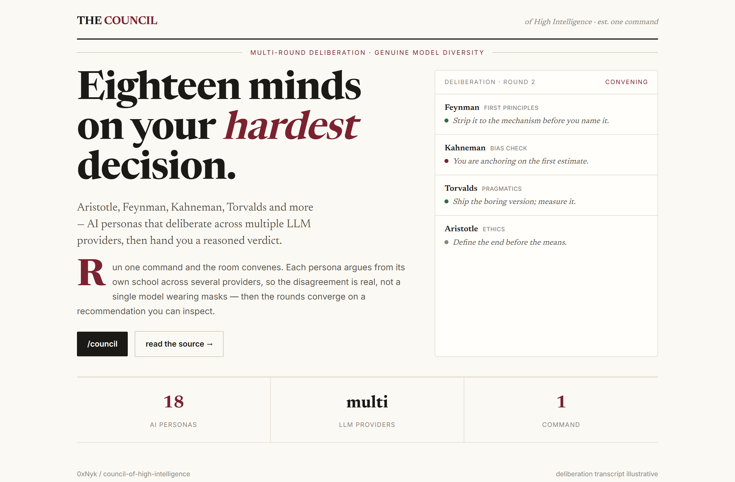 0xNyk/council-of-high-intelligence landing-page hero mock, editorial style