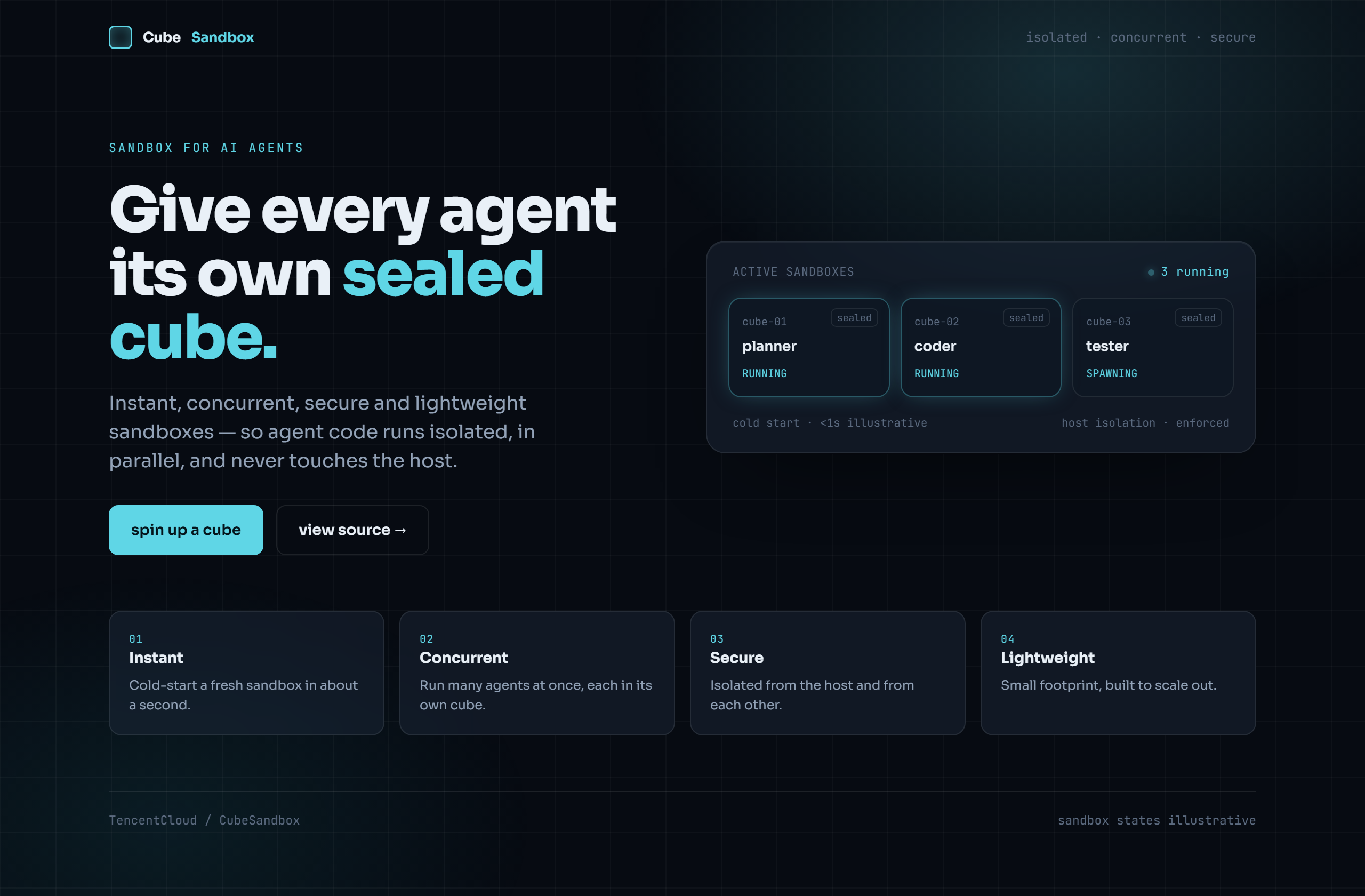 TencentCloud/CubeSandbox landing-page hero mock, glass style
