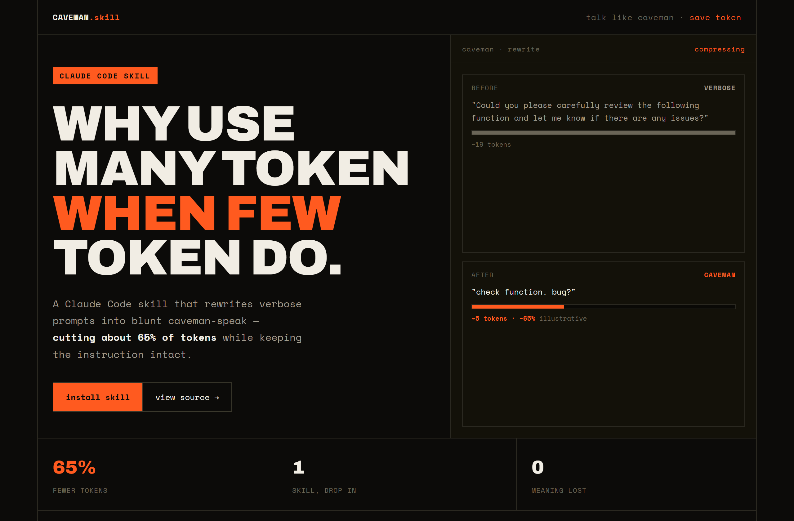 JuliusBrussee/caveman landing-page hero mock, brutalist style