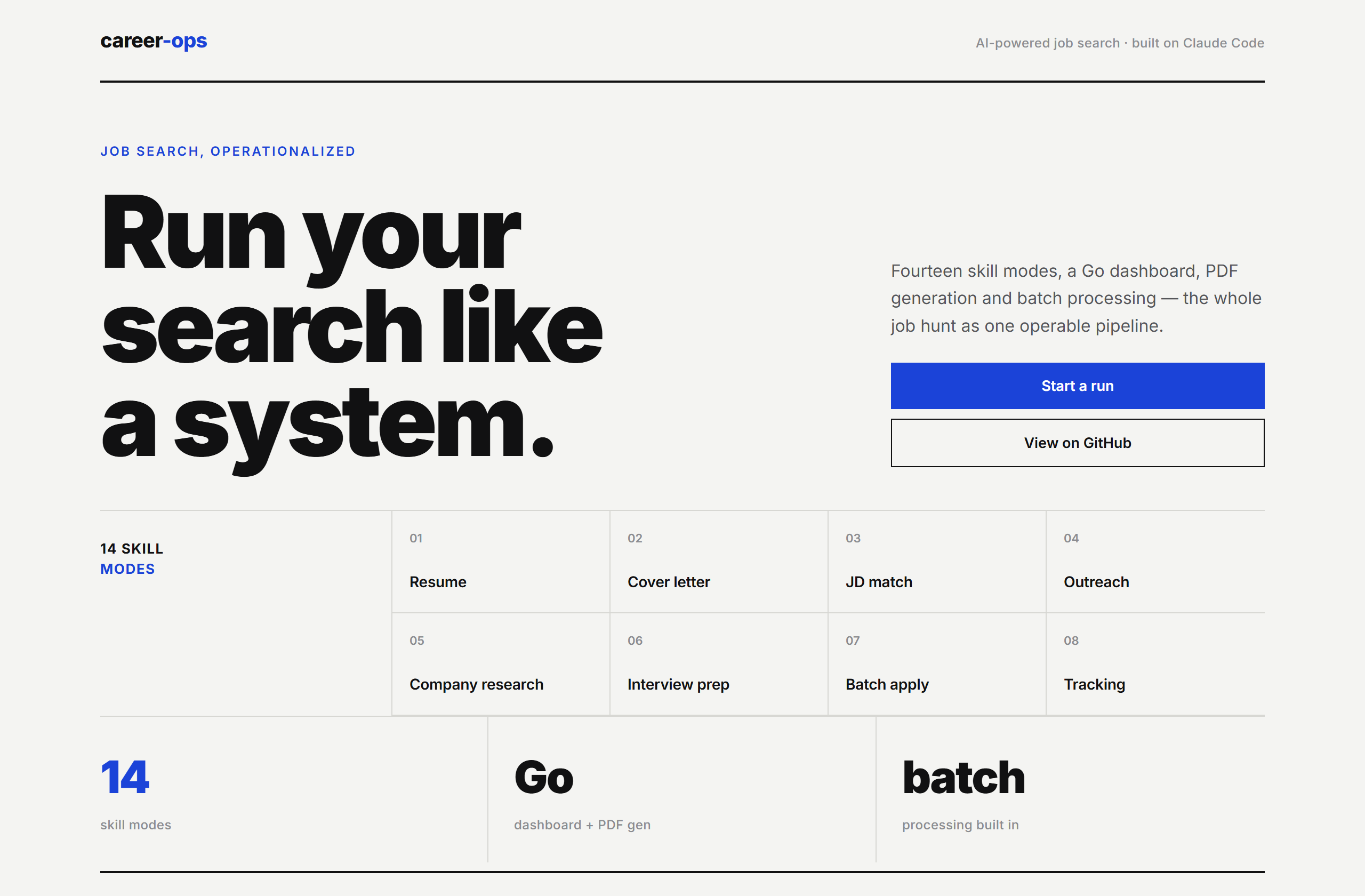 santifer/career-ops landing-page hero mock, swiss style