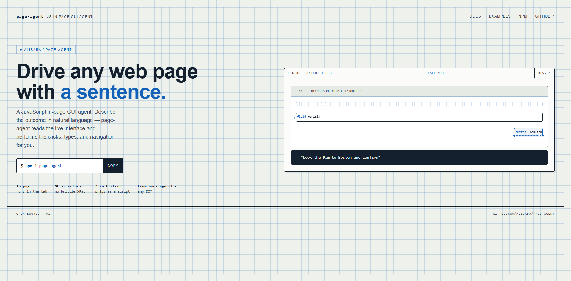 alibaba/page-agent landing-page hero mock, blueprint style