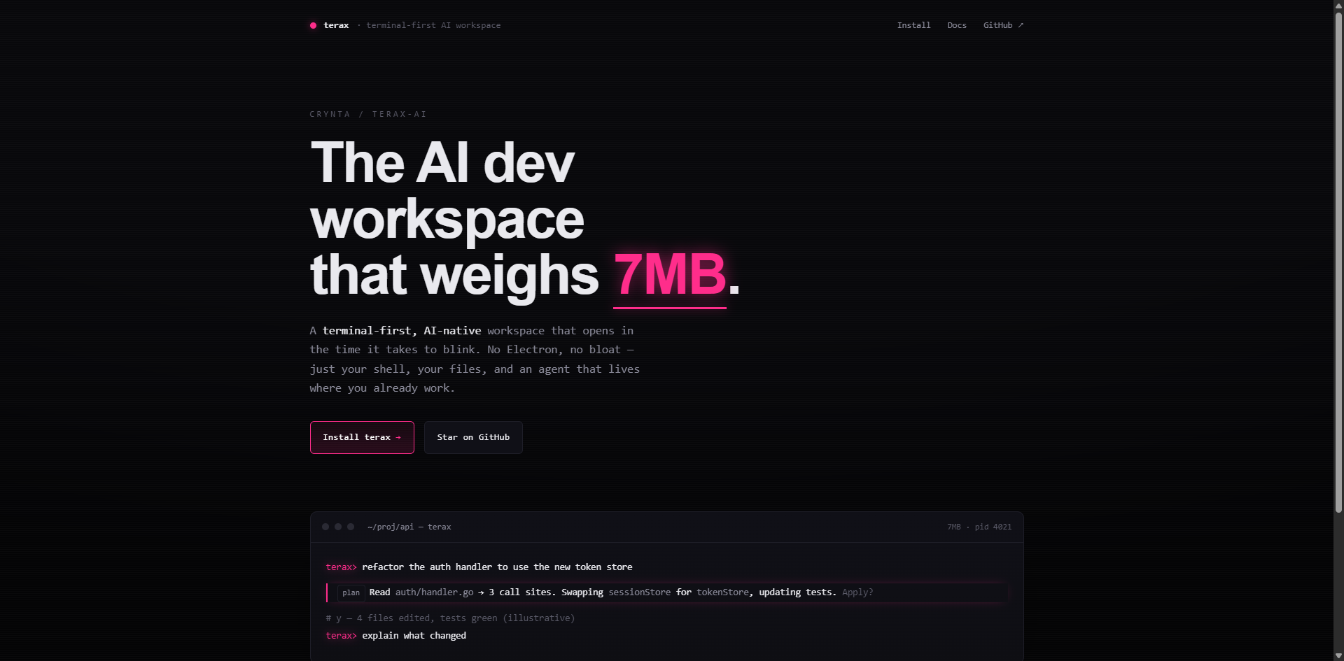crynta/terax-ai landing-page hero mock, neon-noir style