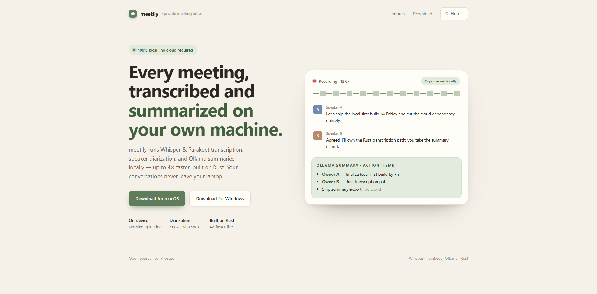 Zackriya-Solutions/meetily landing-page hero mock, warm-minimal style